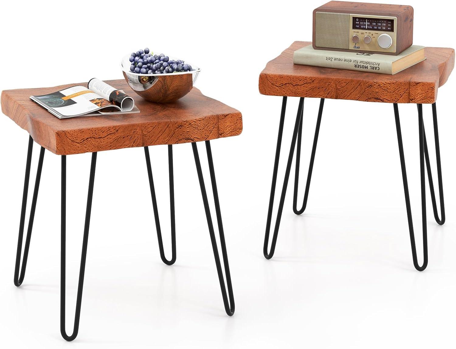 image:imageGiantex Teak Wood End Table Solid Live Edge Outdoor Side Table wNatural Grain amp HeavyDuty Metal Legs Rustic Plant Stand for Living Room Patio Balcony 20 x 14 x 18 1 Rectangular2