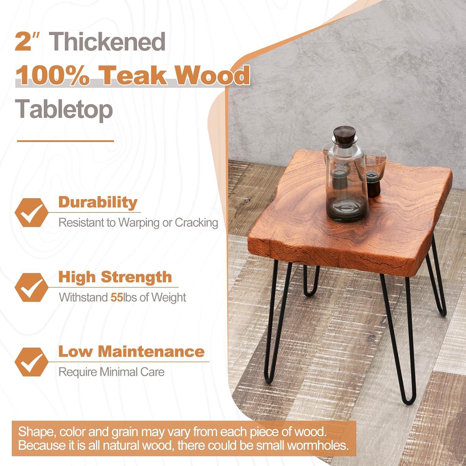 image:imageGiantex Teak Wood End Table Solid Live Edge Outdoor Side Table wNatural Grain amp HeavyDuty Metal Legs Rustic Plant Stand for Living Room Patio Balcony 20 x 14 x 18 1 Rectangular2