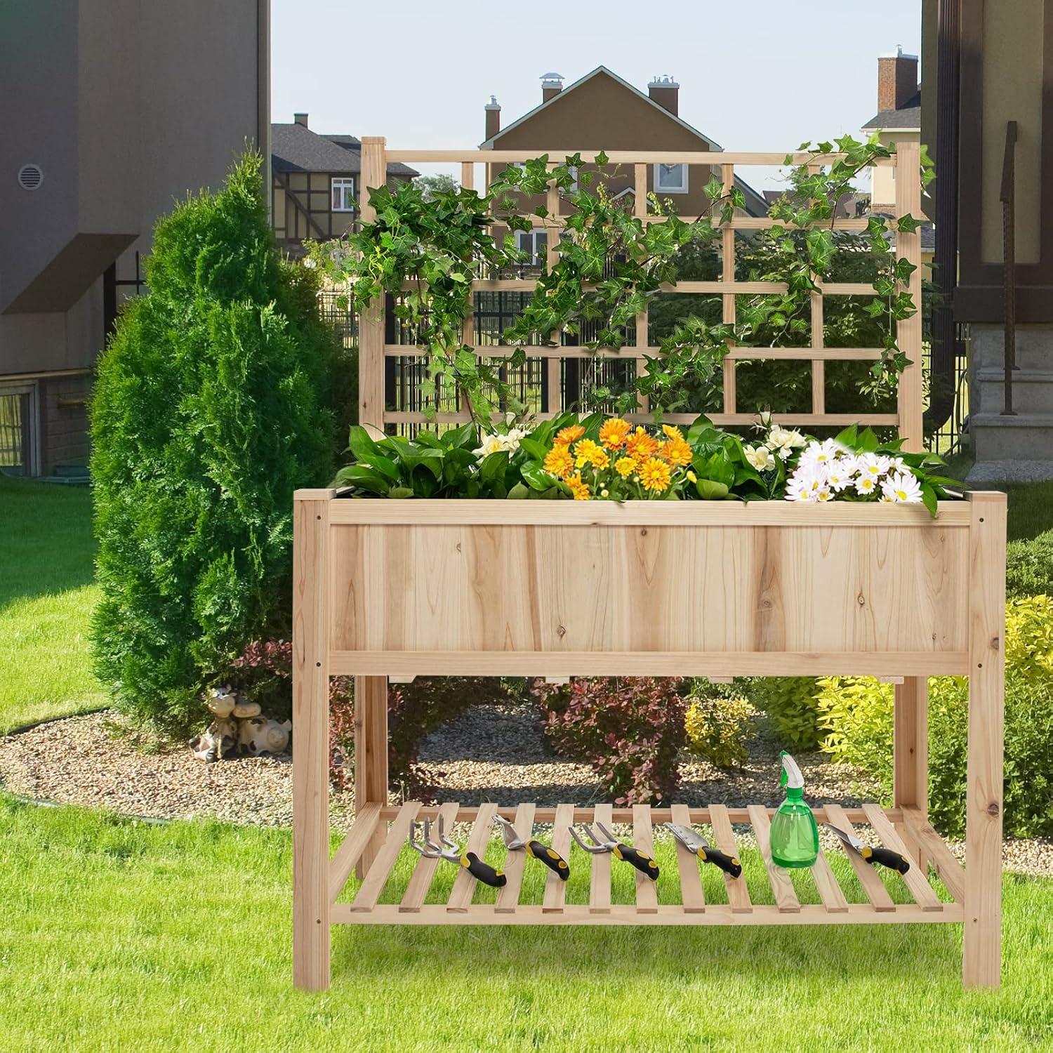 image:imageGiantex Wood Planter with Trellis Standing Raised Garden Bed Liner Storage Shelf Elevated Plant Box Stand for Climbing Flower Vegetable Herb Indoor Outdoor Patio Lawn Balcony