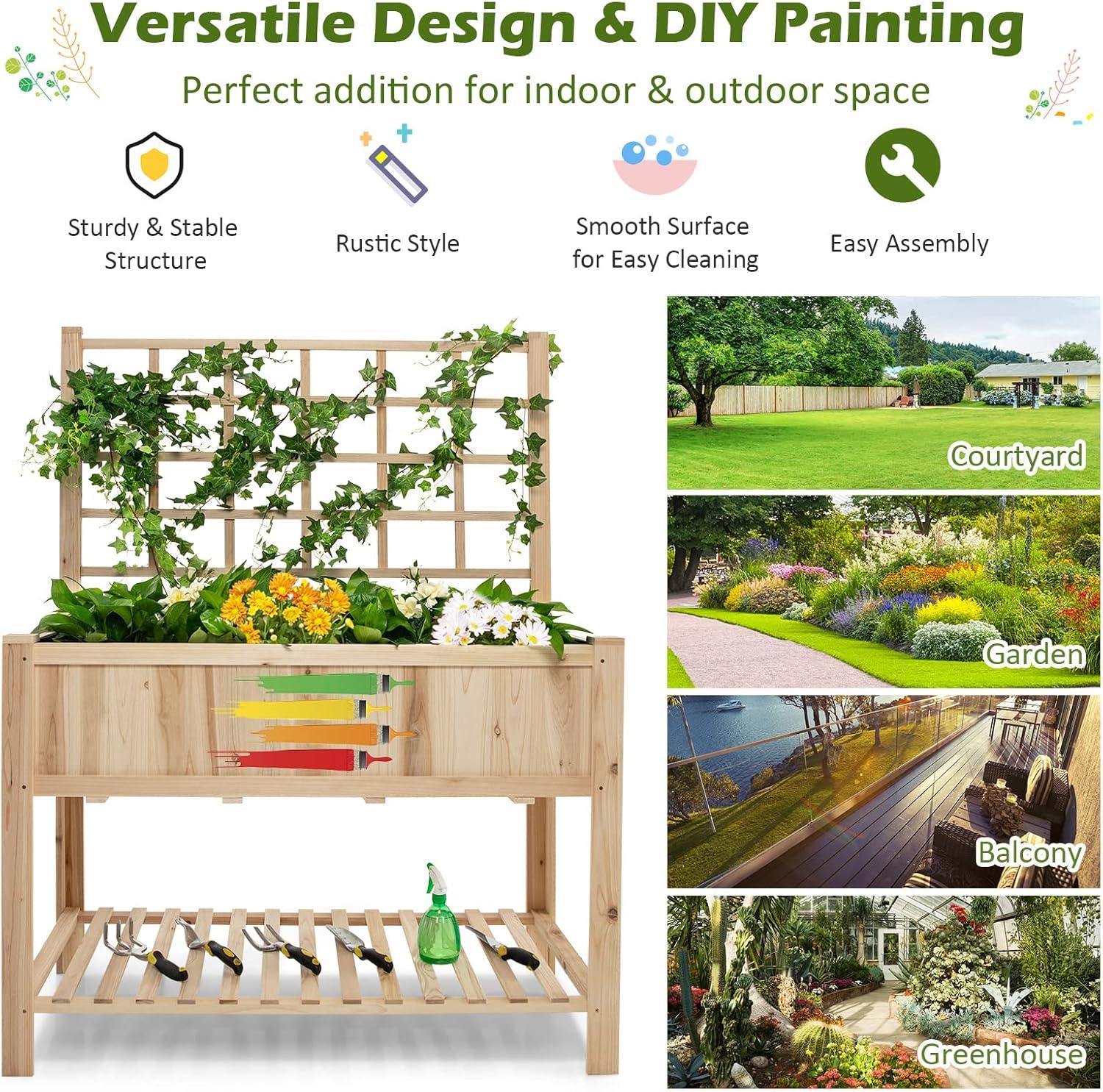 image:imageGiantex Wood Planter with Trellis Standing Raised Garden Bed Liner Storage Shelf Elevated Plant Box Stand for Climbing Flower Vegetable Herb Indoor Outdoor Patio Lawn Balcony