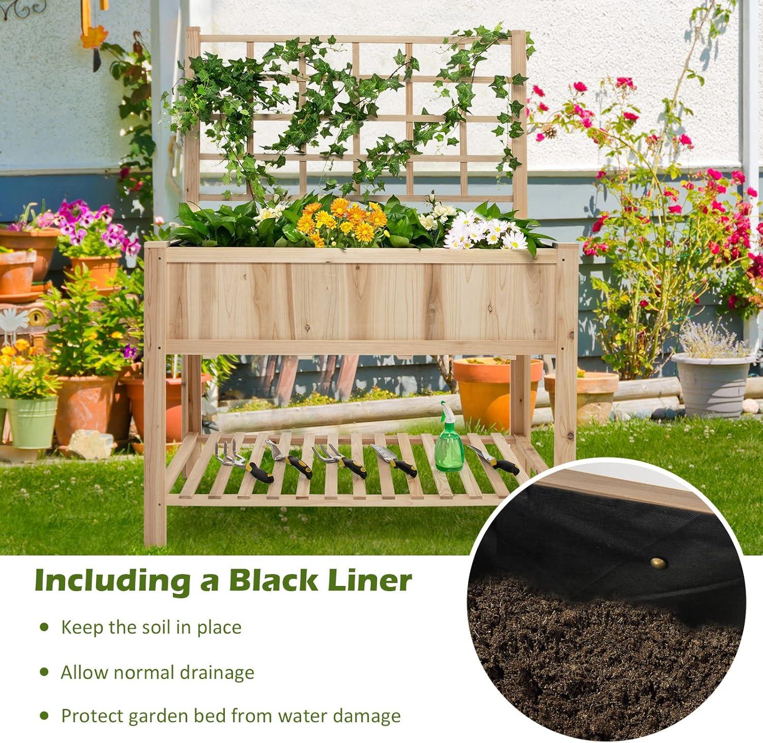 image:imageGiantex Wood Planter with Trellis Standing Raised Garden Bed Liner Storage Shelf Elevated Plant Box Stand for Climbing Flower Vegetable Herb Indoor Outdoor Patio Lawn Balcony