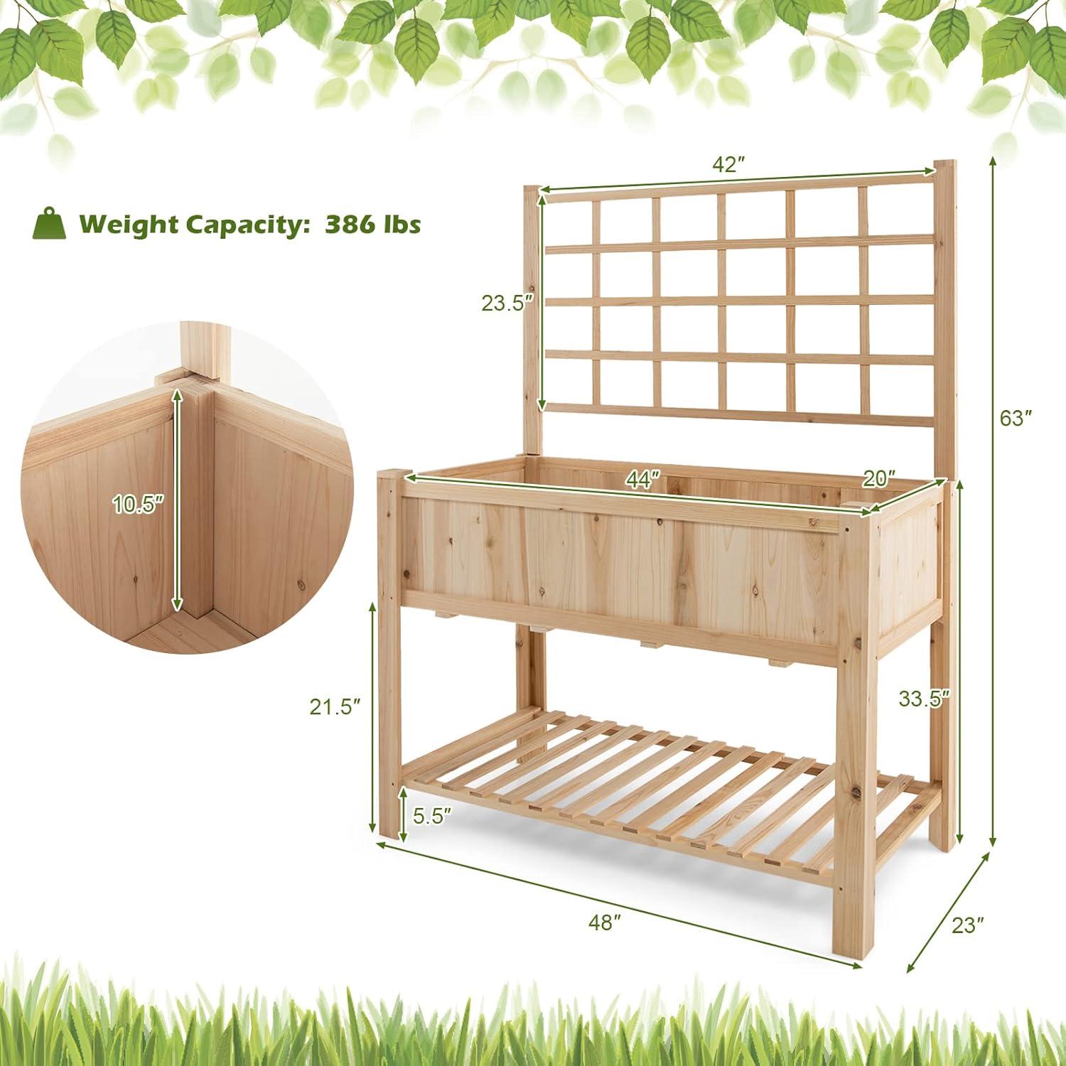 image:imageGiantex Wood Planter with Trellis Standing Raised Garden Bed Liner Storage Shelf Elevated Plant Box Stand for Climbing Flower Vegetable Herb Indoor Outdoor Patio Lawn Balcony