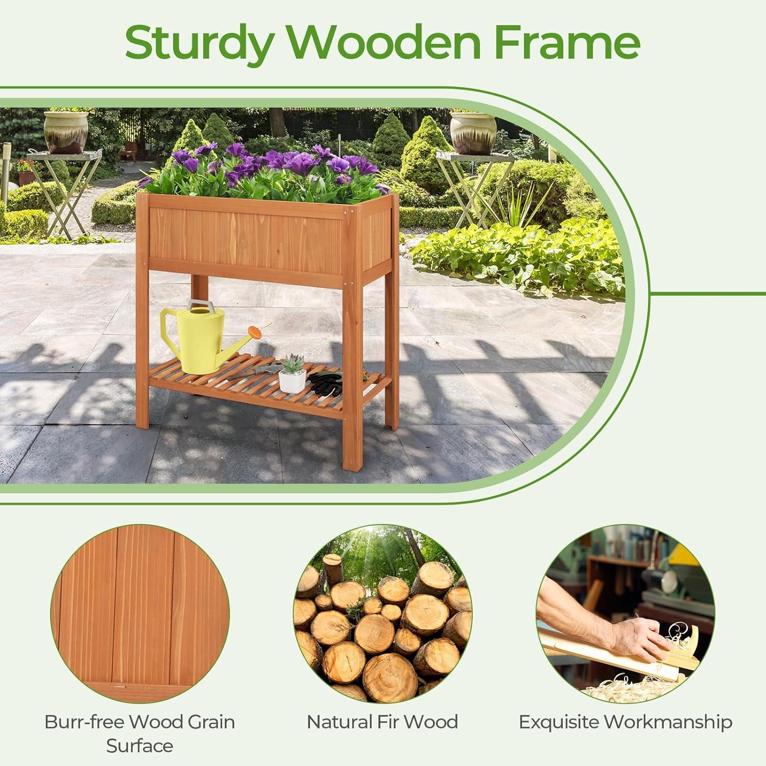 image:imageGiantex Wooden Raised Garden Bed Solid Pine Wood Planter Box wLegs Drainage Holes Black Liner Outdoor Indoor Elevated Planter Box Stand for Patio Garden Lawn Greenhouse 47 x 23 x 30Ceder Brown