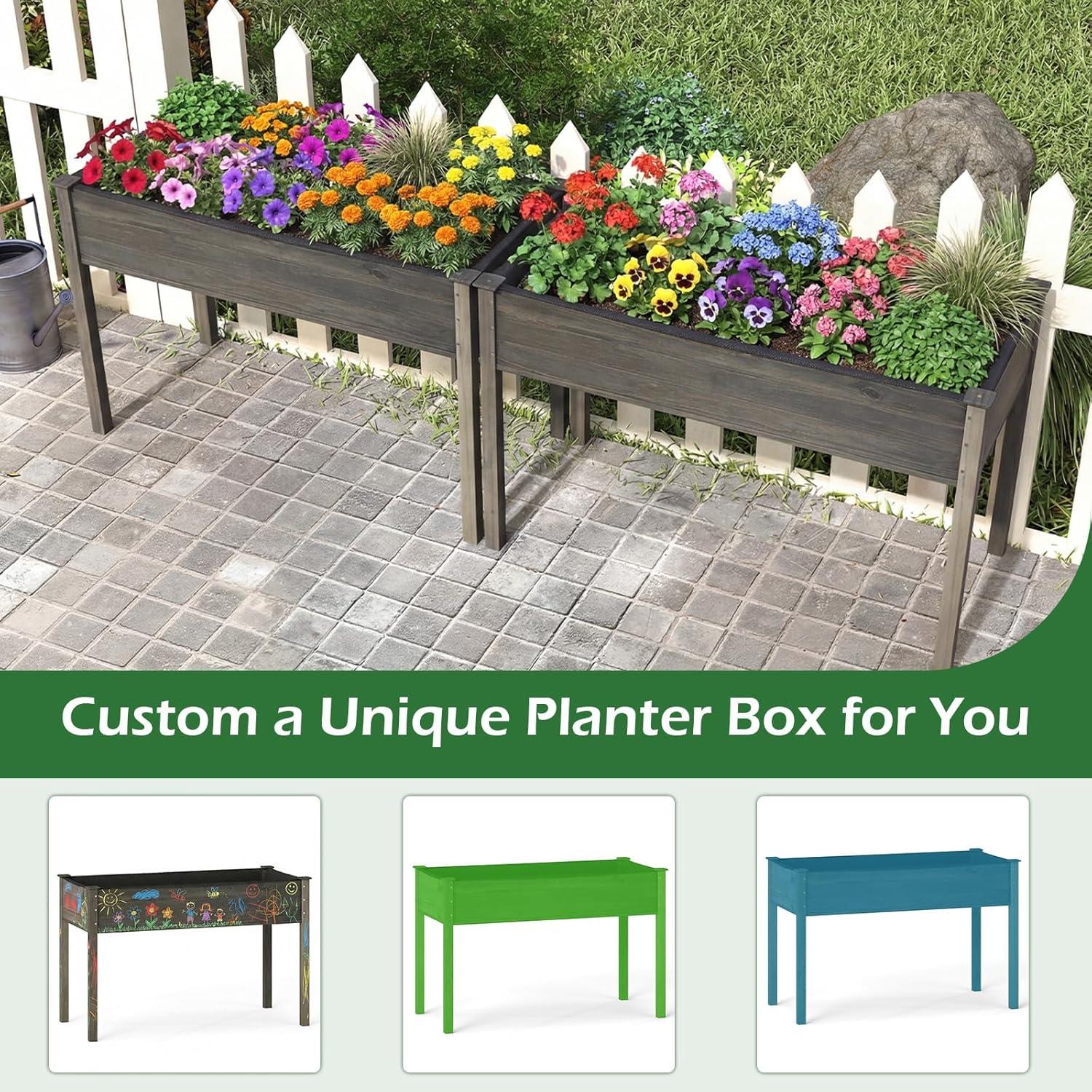 image:imageGiantex Wooden Raised Garden Bed Solid Pine Wood Planter Box wLegs Drainage Holes Black Liner Outdoor Indoor Elevated Planter Box Stand for Patio Garden Lawn Greenhouse 47 x 23 x 30Gray