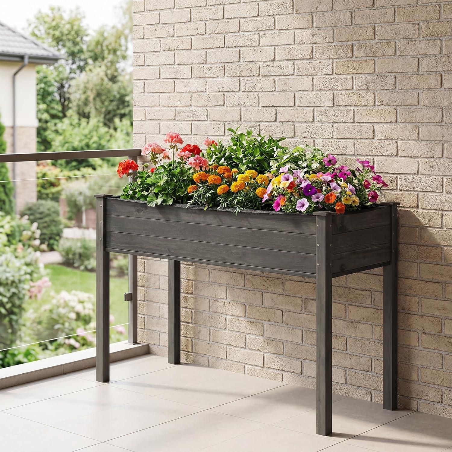 image:imageGiantex Wooden Raised Garden Bed Solid Pine Wood Planter Box wLegs Drainage Holes Black Liner Outdoor Indoor Elevated Planter Box Stand for Patio Garden Lawn Greenhouse 47 x 23 x 30Gray