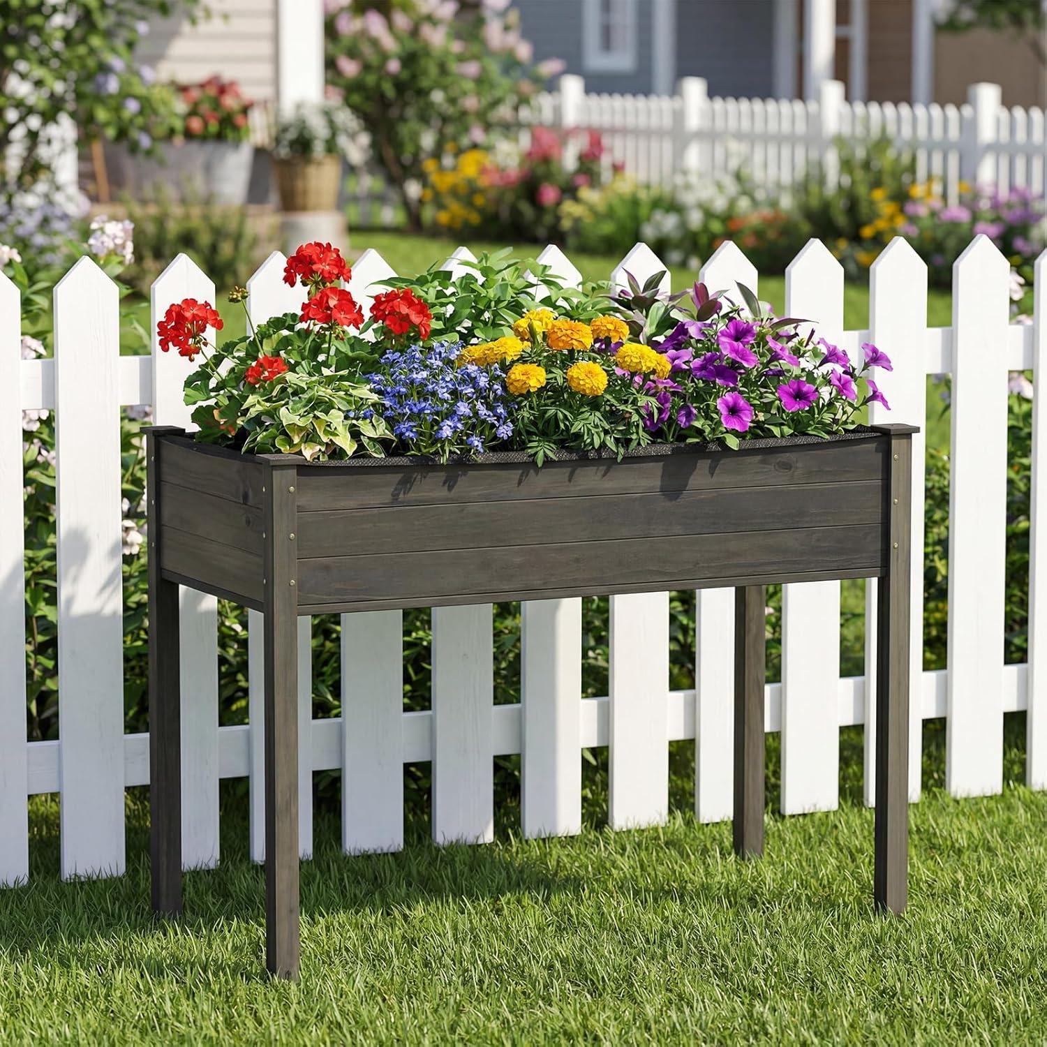 image:imageGiantex Wooden Raised Garden Bed Solid Pine Wood Planter Box wLegs Drainage Holes Black Liner Outdoor Indoor Elevated Planter Box Stand for Patio Garden Lawn Greenhouse 47 x 23 x 30Gray