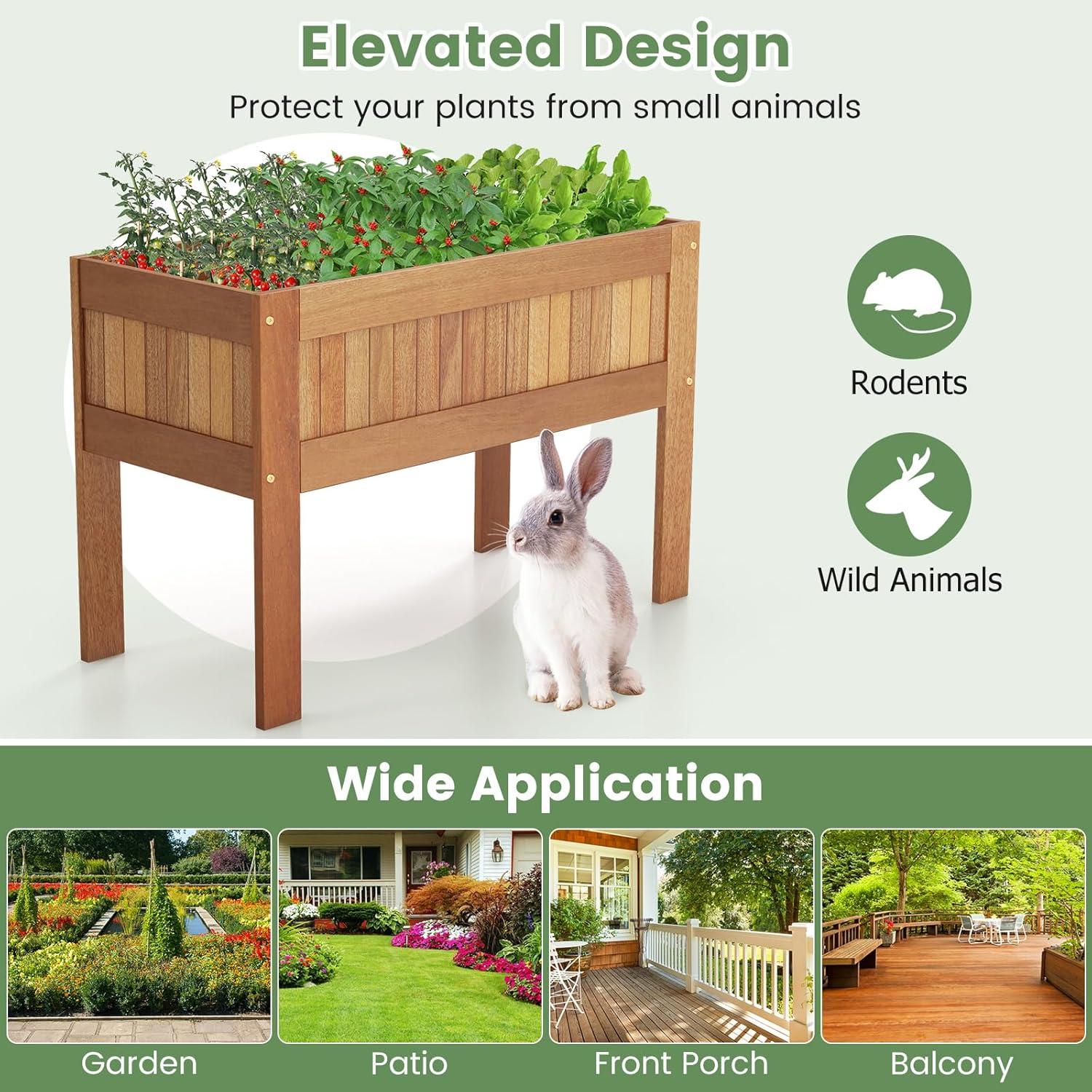 image:imageGiantex Wooden Raised Garden Bed Solid Pine Wood Planter Box wLegs Drainage Holes Black Liner Outdoor Indoor Elevated Planter Box Stand for Patio Garden Lawn Greenhouse 47 x 23 x 30Natural
