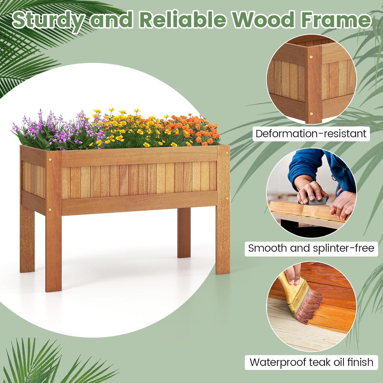 image:imageGiantex Wooden Raised Garden Bed Solid Pine Wood Planter Box wLegs Drainage Holes Black Liner Outdoor Indoor Elevated Planter Box Stand for Patio Garden Lawn Greenhouse 47 x 23 x 30Natural