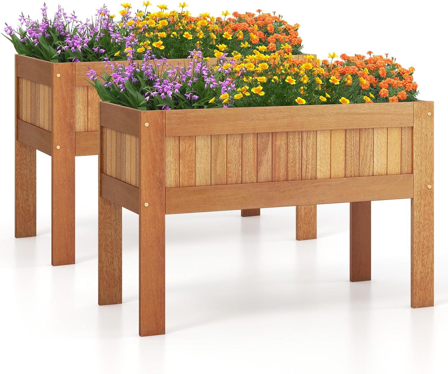 image:imageGiantex Wooden Raised Garden Bed Solid Pine Wood Planter Box wLegs Drainage Holes Black Liner Outdoor Indoor Elevated Planter Box Stand for Patio Garden Lawn Greenhouse 47 x 23 x 30Natural