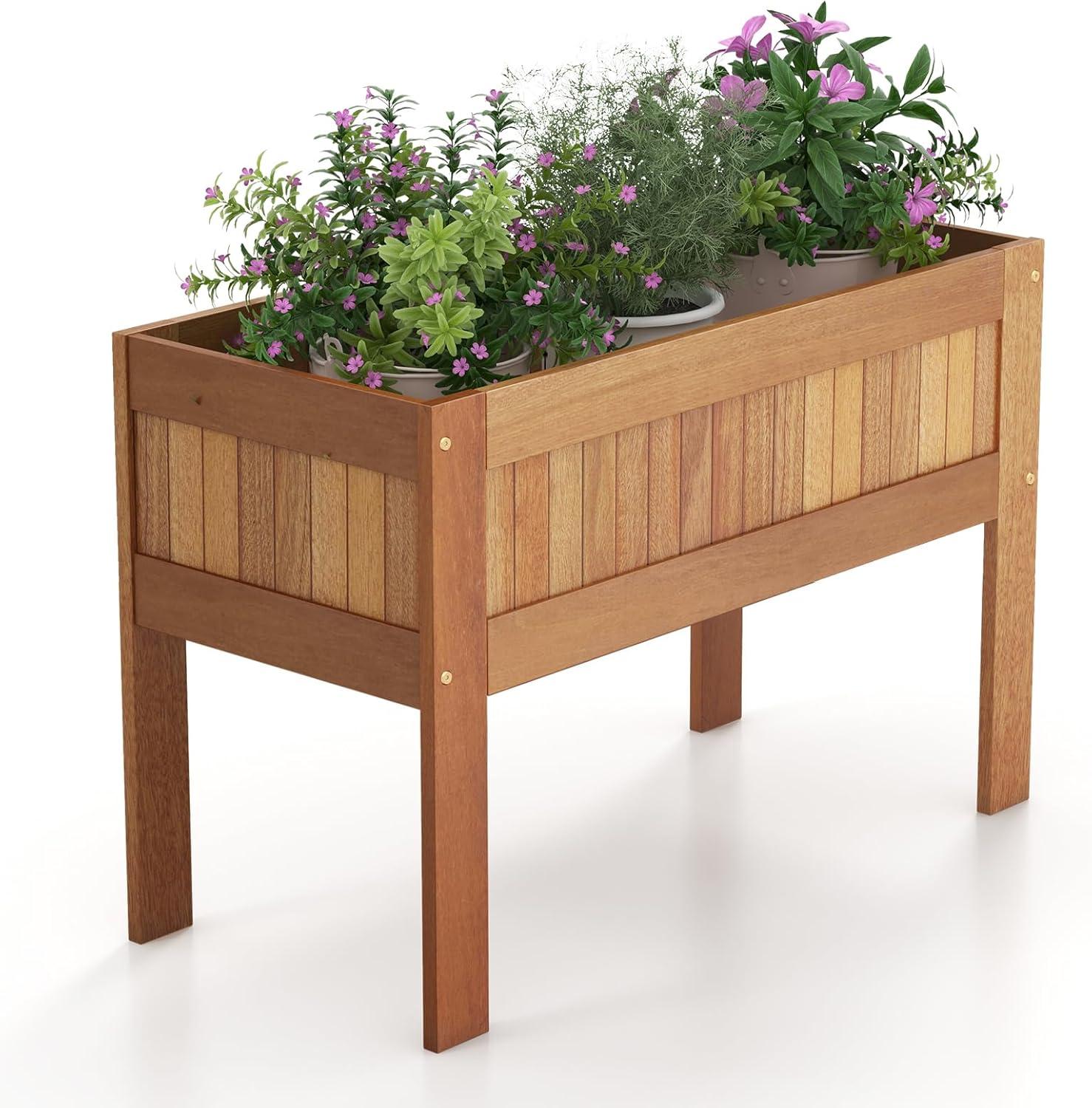 image:imageGiantex Wooden Raised Garden Bed Solid Pine Wood Planter Box wLegs Drainage Holes Black Liner Outdoor Indoor Elevated Planter Box Stand for Patio Garden Lawn Greenhouse 47 x 23 x 30Natural