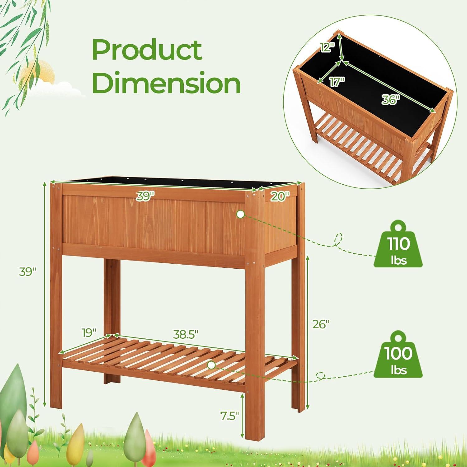 image:imageGiantex Wooden Raised Garden Bed Solid Pine Wood Planter Box wLegs Drainage Holes Black Liner Outdoor Indoor Elevated Planter Box Stand for Patio Garden Lawn Greenhouse 47 x 23 x 30Ceder Brown