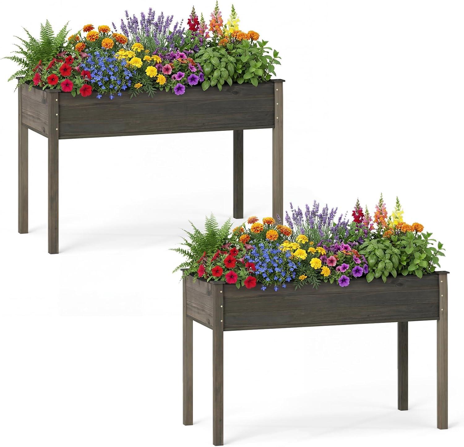 image:imageGiantex Wooden Raised Garden Bed Solid Pine Wood Planter Box wLegs Drainage Holes Black Liner Outdoor Indoor Elevated Planter Box Stand for Patio Garden Lawn Greenhouse 47 x 23 x 30Gray