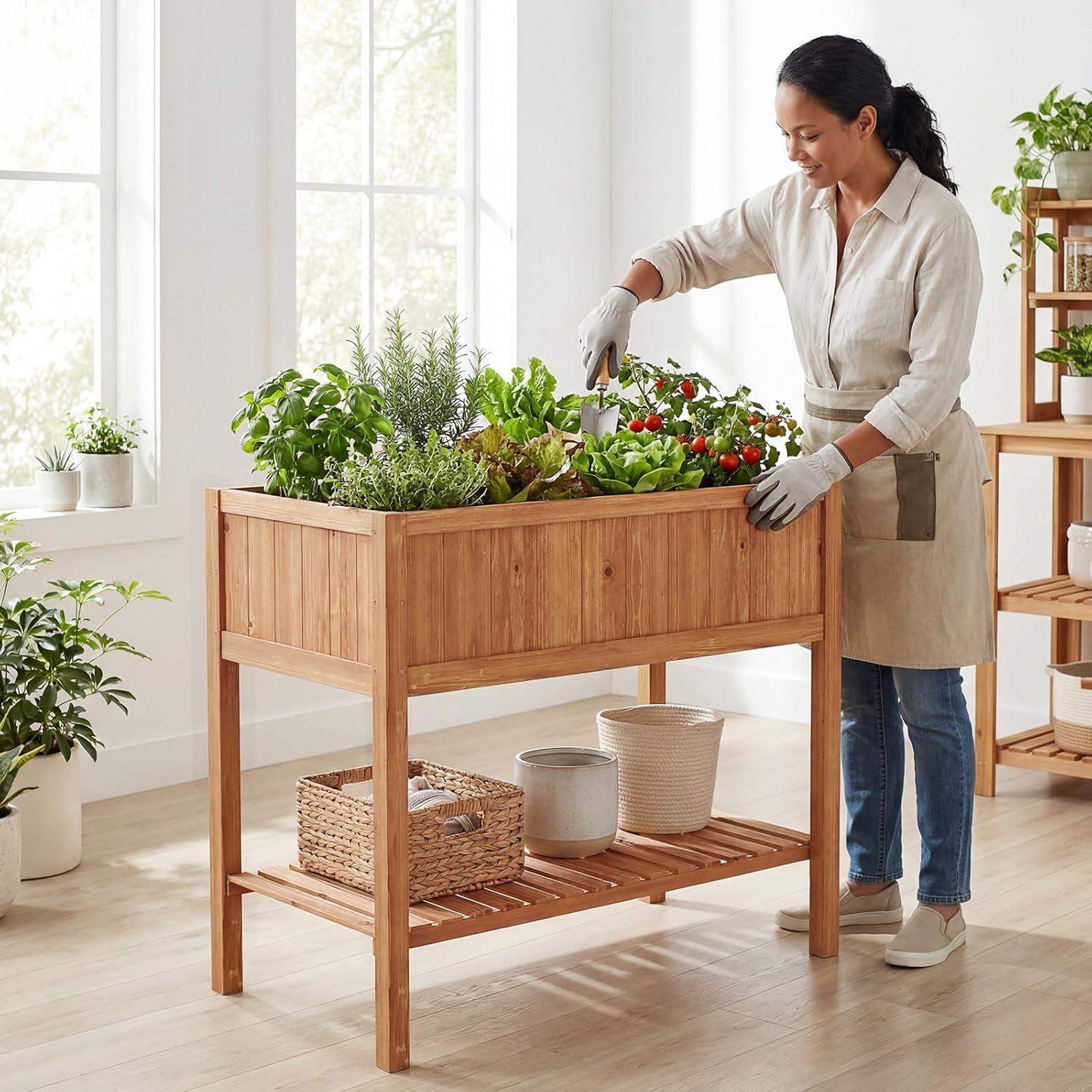 image:imageGiantex Wooden Raised Garden Bed Solid Pine Wood Planter Box wLegs Drainage Holes Black Liner Outdoor Indoor Elevated Planter Box Stand for Patio Garden Lawn Greenhouse 47 x 23 x 30Reddish Brown