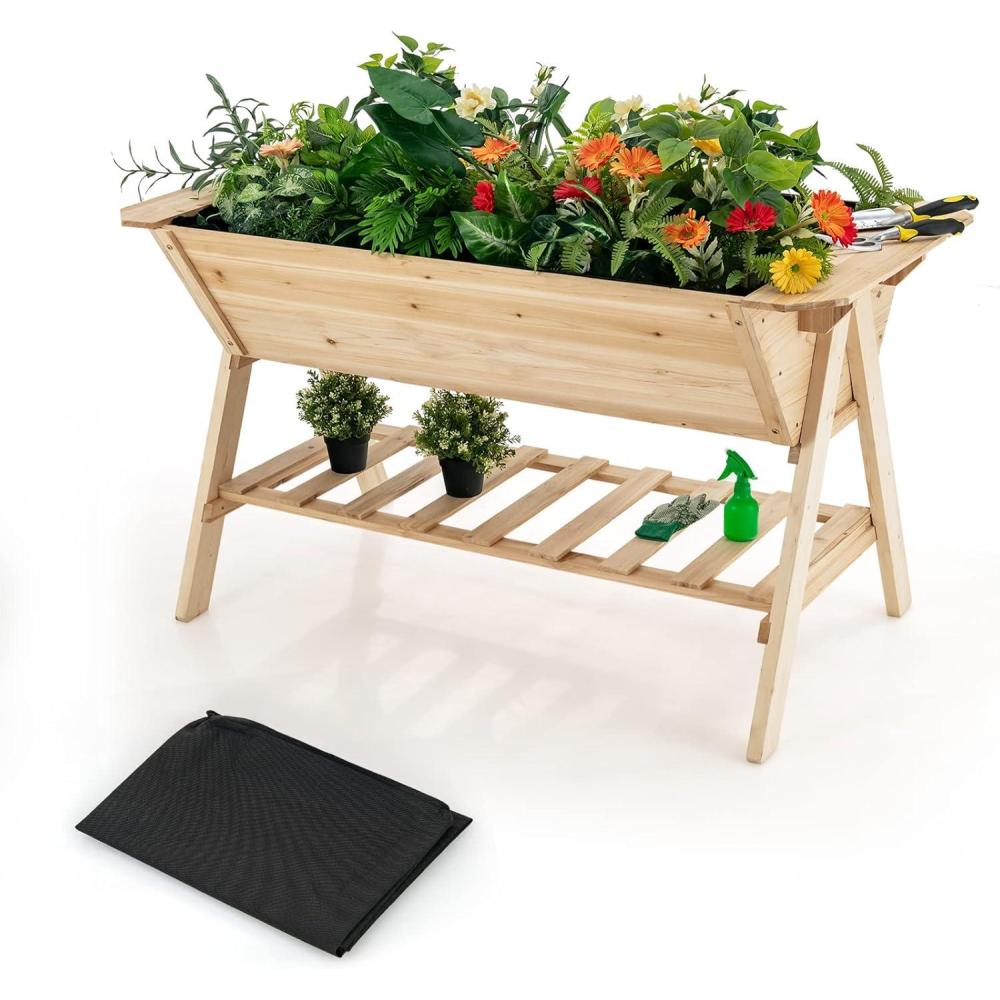 image:imageGiantex Raised Garden Bed Wood Planter Raised Bed with Storage Shelf Outdoor Plant Box Black Liner Drainage Hole Elevated Freestanding Garden Box for Patio Backyard Balcony 59x31x325
