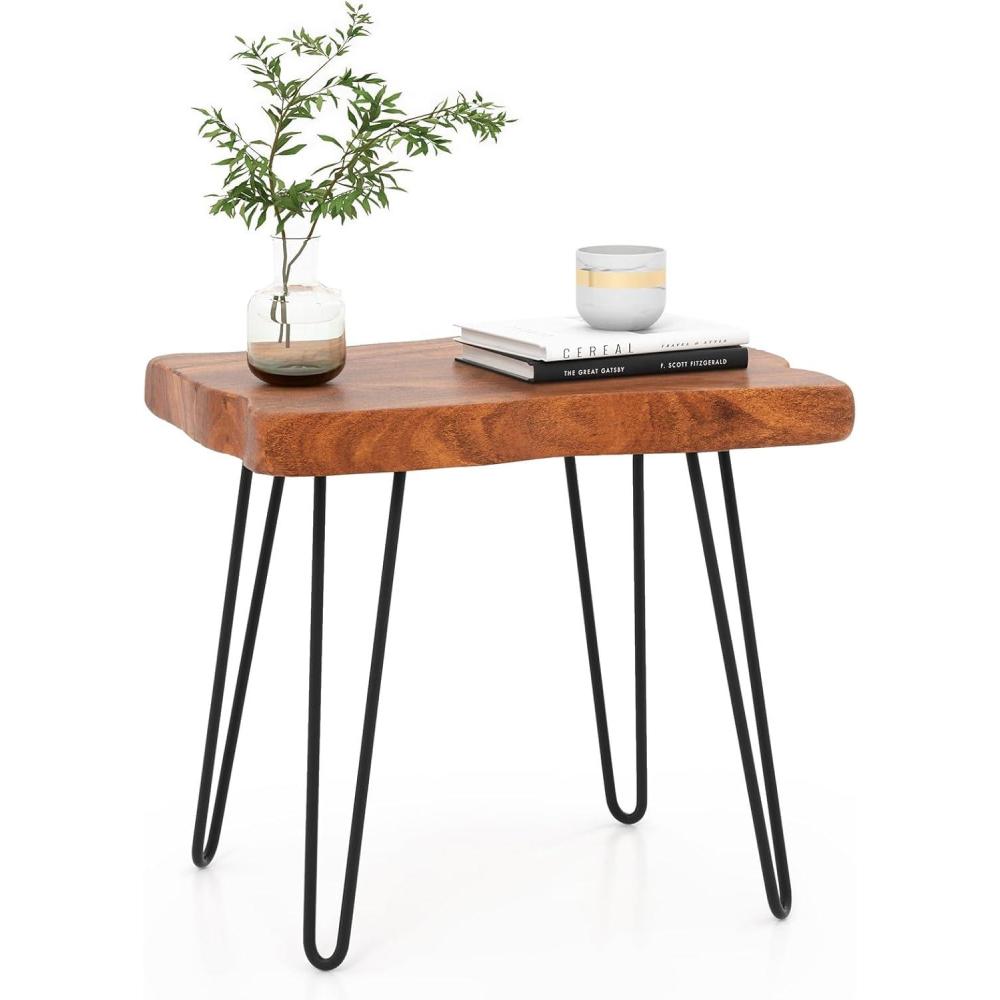 image:imageGiantex Teak Wood End Table Solid Live Edge Outdoor Side Table wNatural Grain amp HeavyDuty Metal Legs Rustic Plant Stand for Living Room Patio Balcony 20 x 14 x 18 1 Rectangular1