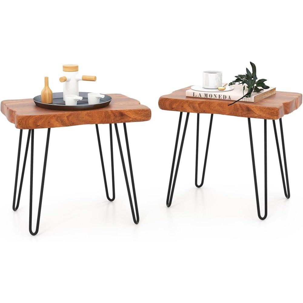 image:imageGiantex Teak Wood End Table Solid Live Edge Outdoor Side Table wNatural Grain amp HeavyDuty Metal Legs Rustic Plant Stand for Living Room Patio Balcony 20 x 14 x 18 1 Rectangular2