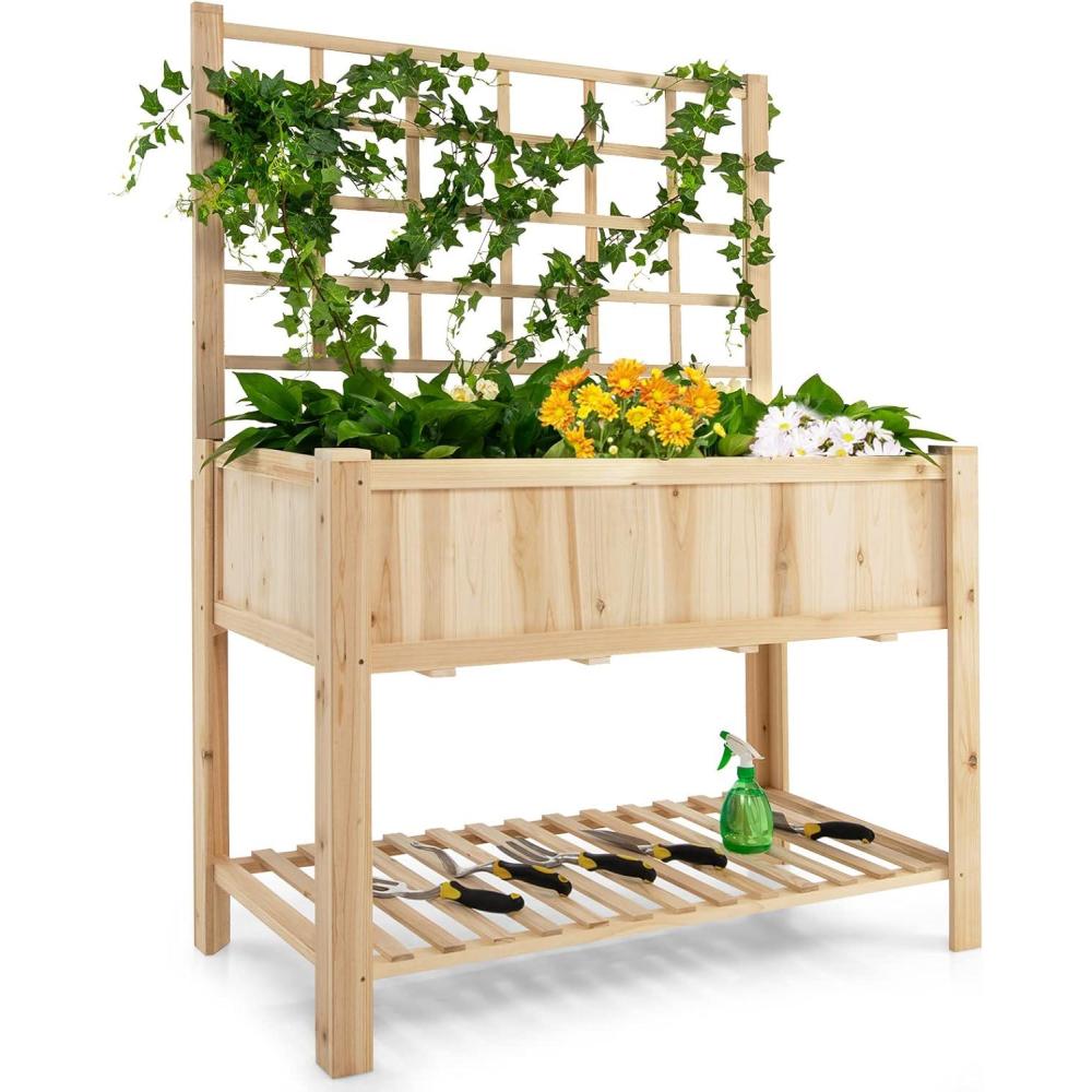 image:imageGiantex Wood Planter with Trellis Standing Raised Garden Bed Liner Storage Shelf Elevated Plant Box Stand for Climbing Flower Vegetable Herb Indoor Outdoor Patio Lawn Balcony