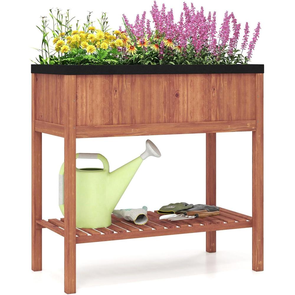 image:imageGiantex Wooden Raised Garden Bed Solid Pine Wood Planter Box wLegs Drainage Holes Black Liner Outdoor Indoor Elevated Planter Box Stand for Patio Garden Lawn Greenhouse 47 x 23 x 30Reddish Brown