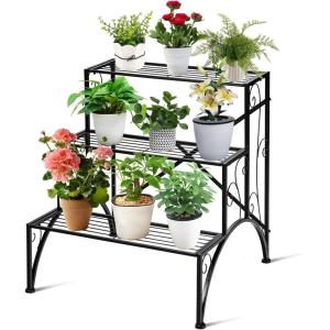 Giantex 3 Tiers Metal Plant Stand, Ladder Flower Pots Outdoor w/ 132 lbs Capacity, Heavy Duty Garden Display Shelf Flower Pot Holder Utility Storage Organizer Rack for Indoor Home Garden Patio Balcony