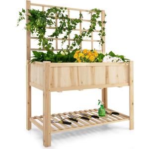 Giantex Wood Planter with Trellis, Standing Raised Garden Bed, Liner Storage Shelf, Elevated Plant Box Stand for Climbing Flower Vegetable Herb, Indoor Outdoor Patio Lawn Balcony