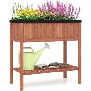 Giantex Wooden Raised Garden Bed, Solid Pine Wood Planter Box w/Legs, Drainage Holes, Black Liner, Outdoor Indoor Elevated Planter Box Stand for Patio, Garden, Lawn, Greenhouse, 47″ x 23″ x 30″(Reddish Brown)