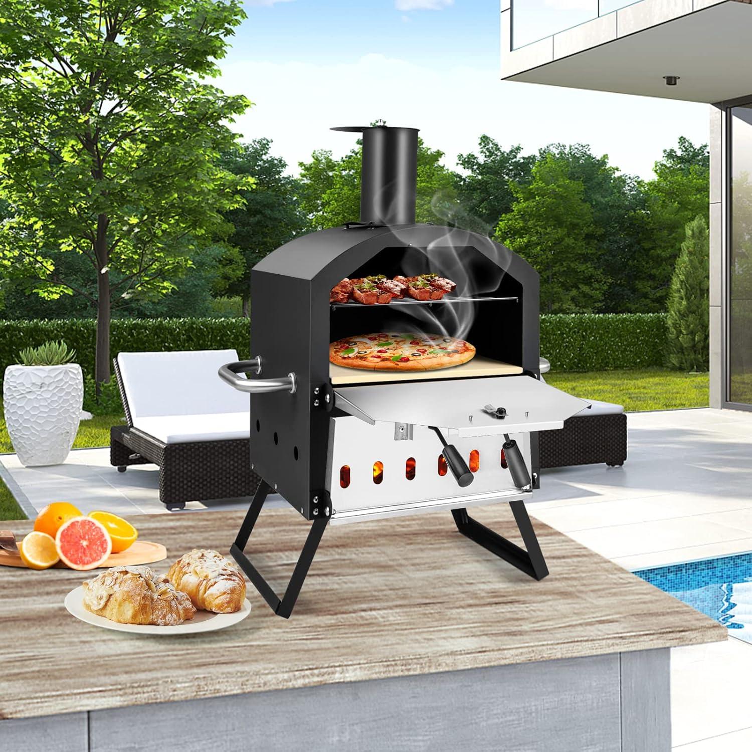 image:imageGiantex Outdoor Pizza Oven Wood Fired 2Layer Pizza Maker with 12Inch Pizza Stone Pizza Peel Removable Cooking Rack Waterproof Cover Folding Legs Outside Pizza Ovens for Camping Backyard BBQ12 Inch