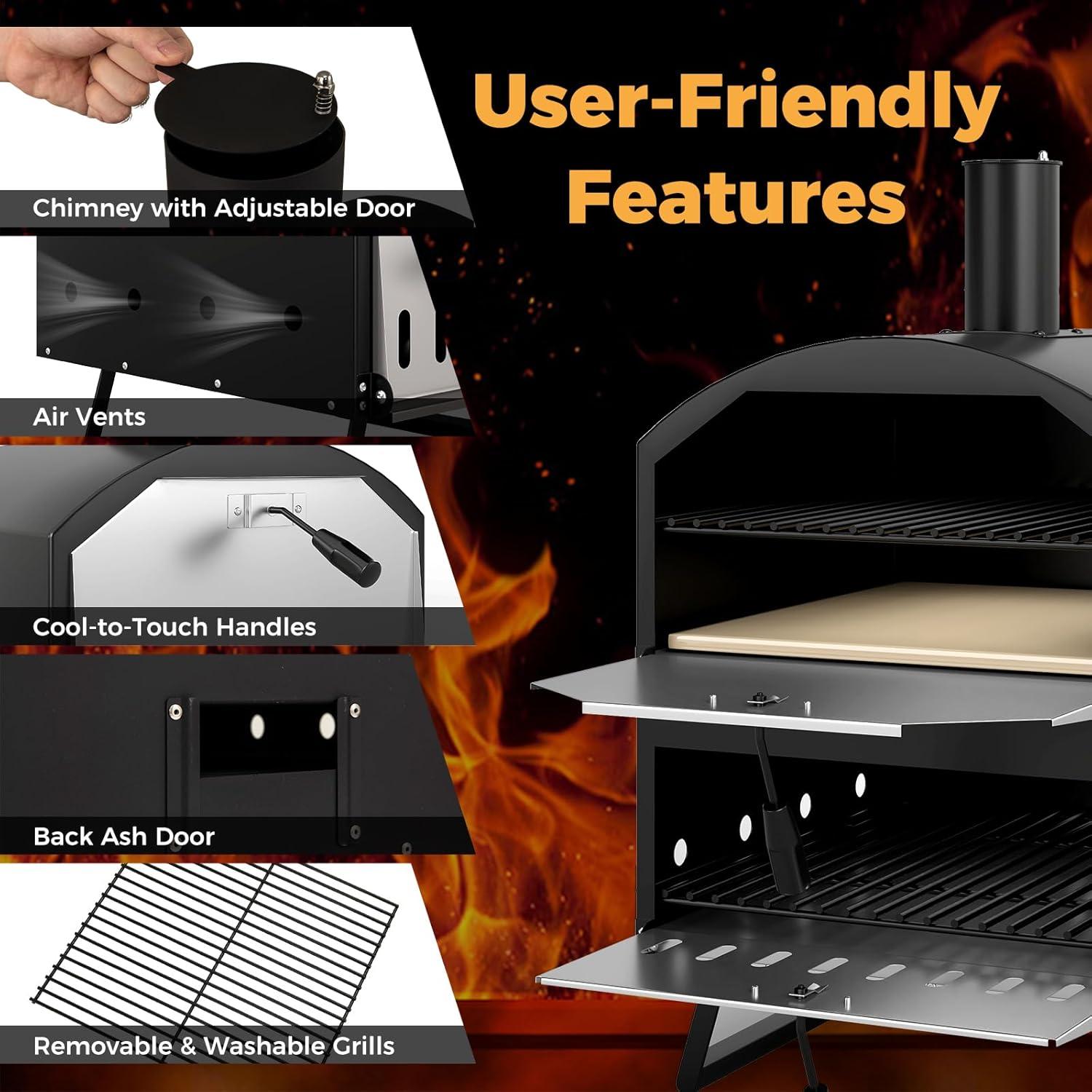 image:imageGiantex Outdoor Pizza Oven Wood Fired 2Layer Pizza Maker with 12Inch Pizza Stone Pizza Peel Removable Cooking Rack Waterproof Cover Folding Legs Outside Pizza Ovens for Camping Backyard BBQ16 Inch