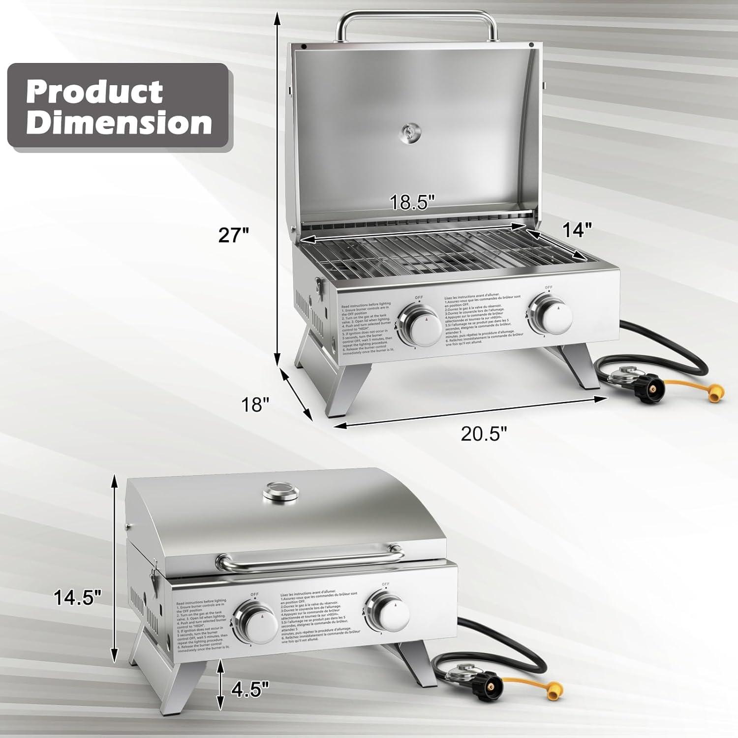 image:imageGiantex Portable Gas Grill Tabletop Propane Grill with 2 Burners 20000 BTU total Builtin Thermometer Foldable Legs Regulator Hose Stainless Steel BBQ Grill for Outdoor Camping Barbecue