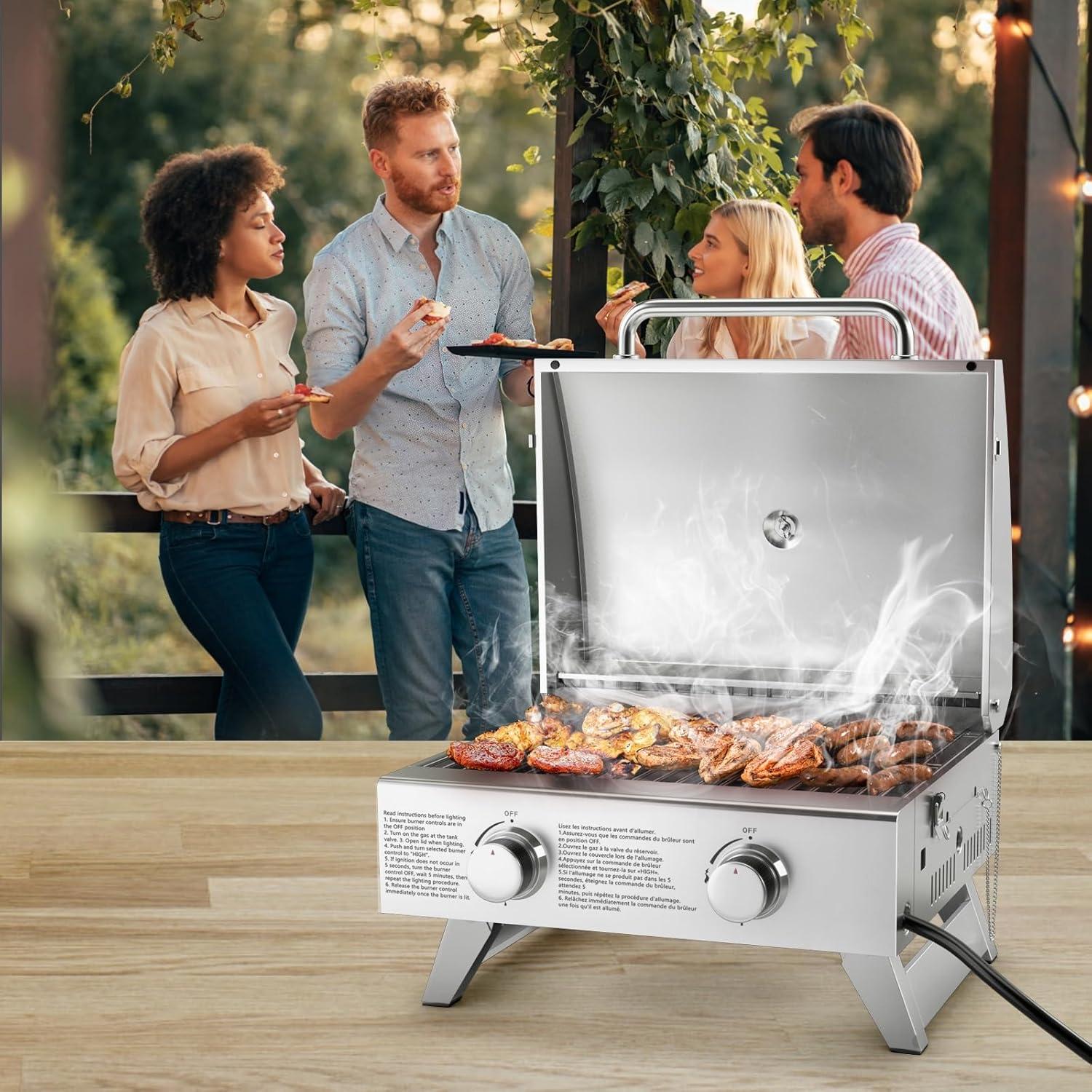 image:imageGiantex Portable Gas Grill Tabletop Propane Grill with 2 Burners 20000 BTU total Builtin Thermometer Foldable Legs Regulator Hose Stainless Steel BBQ Grill for Outdoor Camping Barbecue