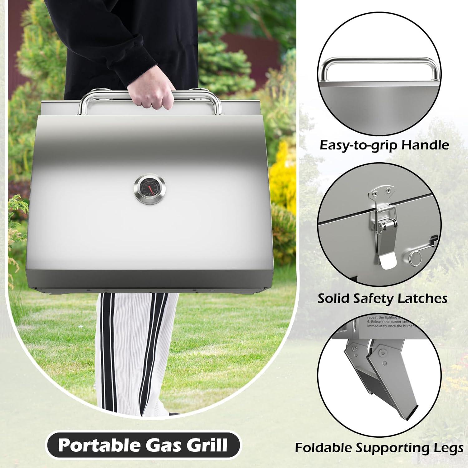 image:imageGiantex Portable Gas Grill Tabletop Propane Grill with 2 Burners 20000 BTU total Builtin Thermometer Foldable Legs Regulator Hose Stainless Steel BBQ Grill for Outdoor Camping Barbecue