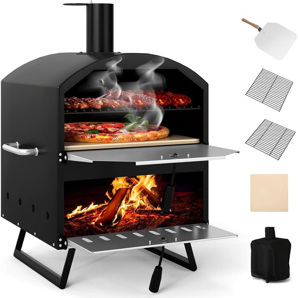 image:imageGiantex Outdoor Pizza Oven Wood Fired 2Layer Pizza Maker with 12Inch Pizza Stone Pizza Peel Removable Cooking Rack Waterproof Cover Folding Legs Outside Pizza Ovens for Camping Backyard BBQ16 Inch