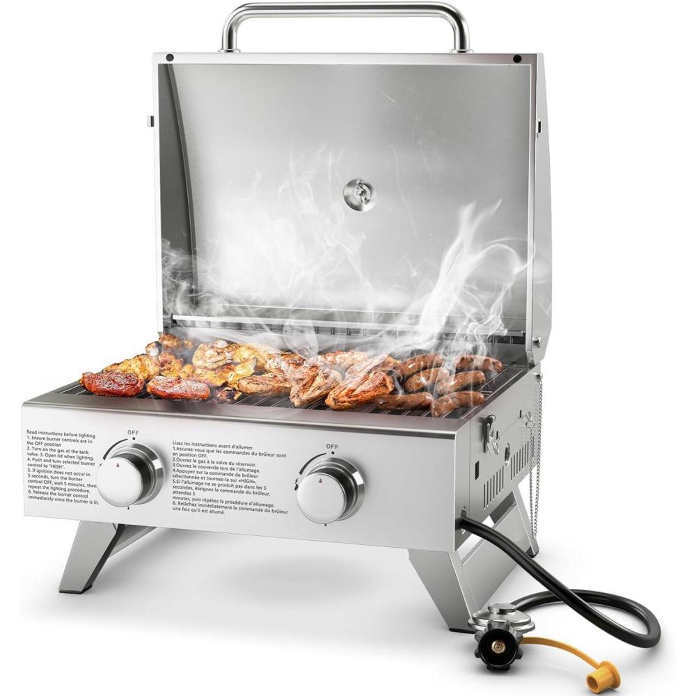 image:imageGiantex Portable Gas Grill  Tabletop Propane Grill with 2 Burners 20000 BTU total Builtin Thermometer Foldable Legs Regulator Hose Stainless Steel BBQ Grill for Outdoor Camping Barbecue
