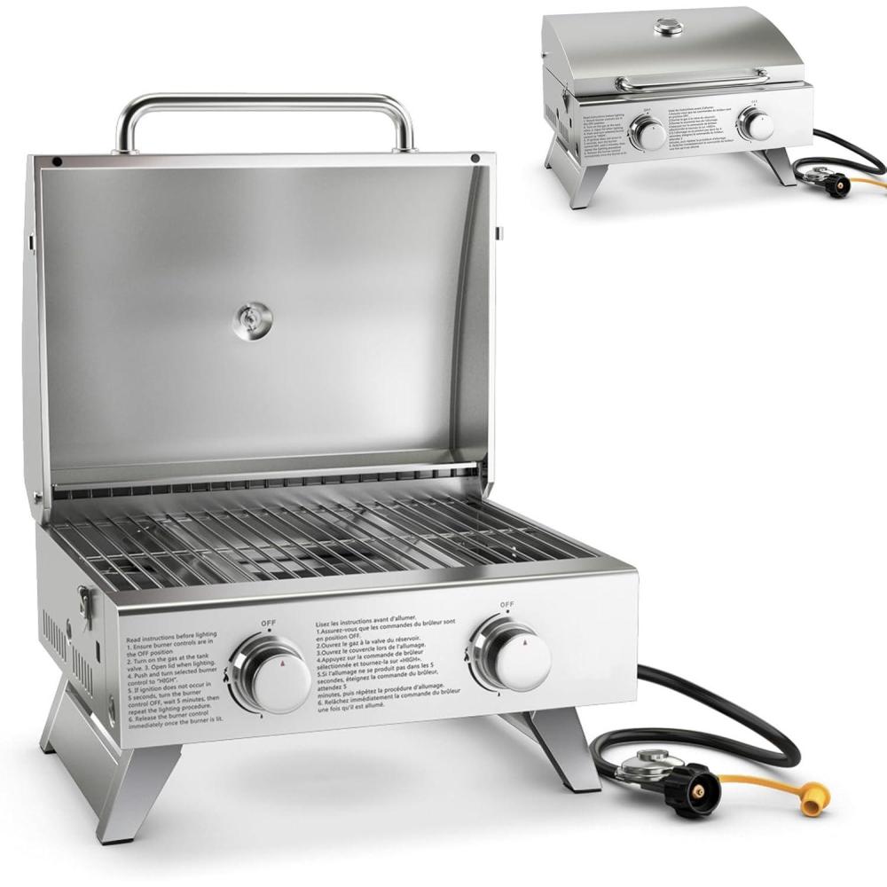 image:imageGiantex Portable Gas Grill with 2 Burner Max 20000 BTU total Folding Legs Builtin Thermometer Travel Locks Stainless Steel Tabletop Propane Gas Grill for Camping Picnic Cookout RV BBQTabletop