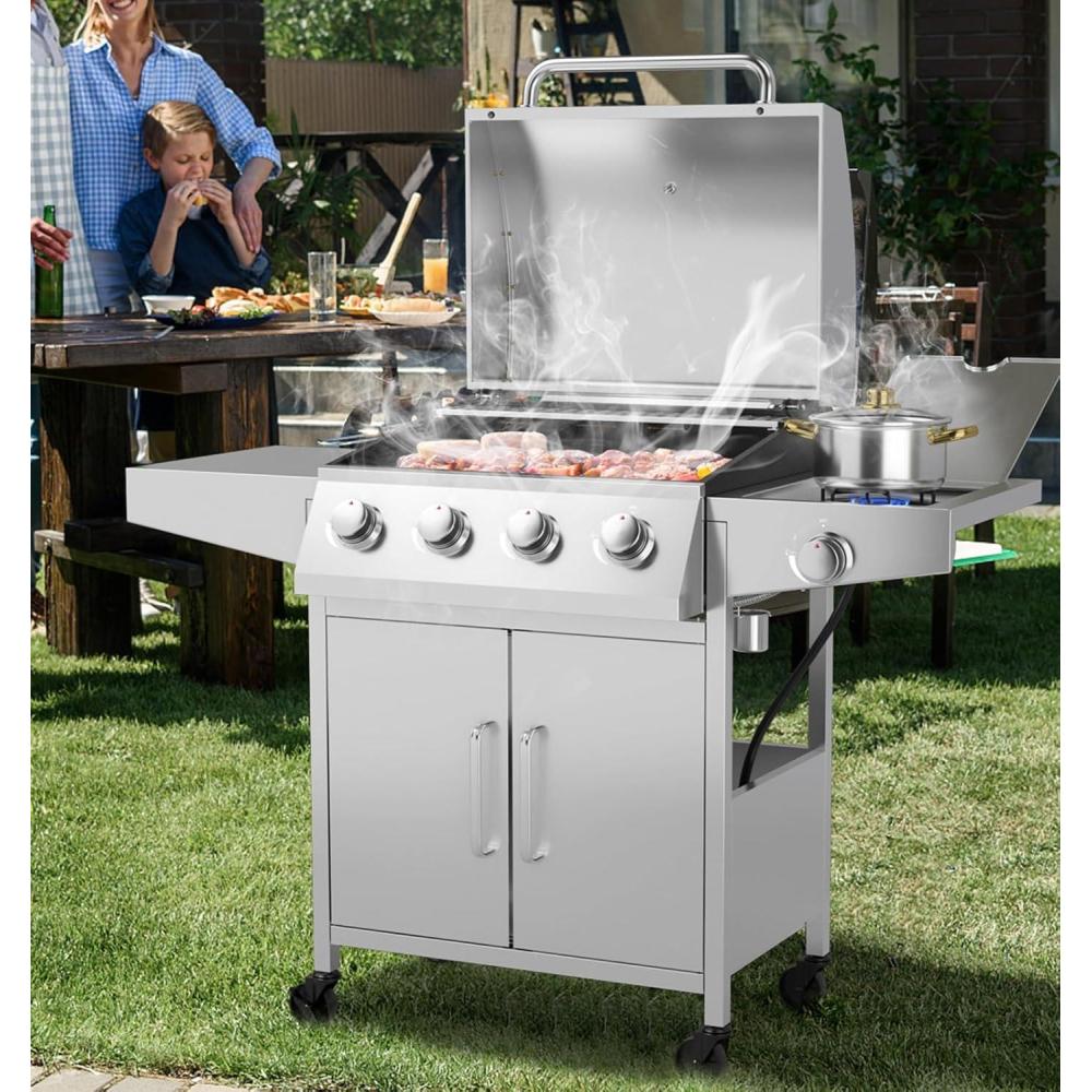 image:imageGiantex Portable Gas Grill with 2 Burner Max 20000 BTU total Folding Legs Builtin Thermometer Travel Locks Stainless Steel Tabletop Propane Gas Grill for Camping Picnic Cookout RV BBQStanding