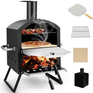 Giantex Outdoor Pizza Oven Wood Fired, 2-Layer Pizza Maker with 12-Inch Pizza Stone, Pizza Peel, Removable Cooking Rack, Waterproof Cover, Folding Legs, Outside Pizza Ovens for Camping Backyard BBQ(12 Inch)