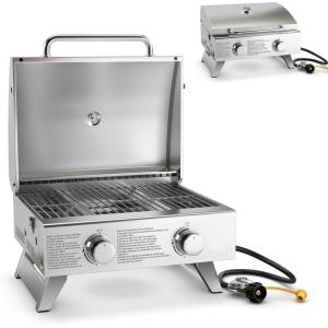 Giantex Portable Gas Grill with 2 Burner, Max. 20,000 BTU total, Folding Legs, Built-in Thermometer, Travel Locks, Stainless Steel Tabletop Propane Gas Grill for Camping Picnic Cookout RV BBQ(Tabletop)