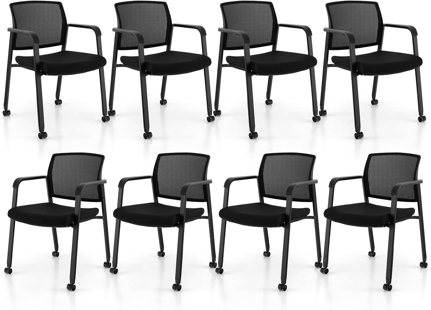 image:imageGiantex 2Pack Waiting Room Chair Set Rolling Office Desk Chairs with PU Wheels Armrests Stackable Guest Chair for Office School LobbyReception Conference BlackBlack