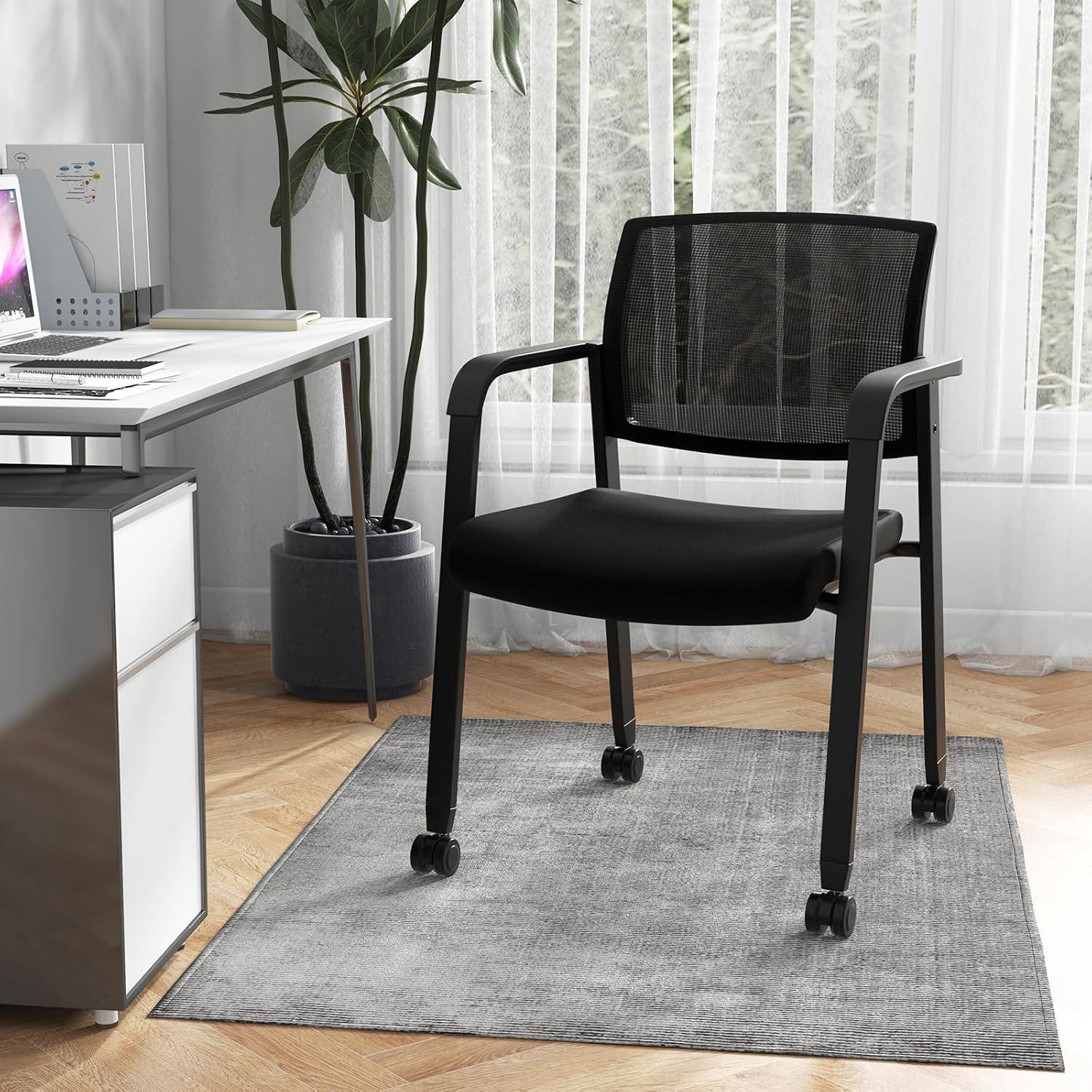 image:imageGiantex 2Pack Waiting Room Chair Set Rolling Office Desk Chairs with PU Wheels Armrests Stackable Guest Chair for Office School LobbyReception Conference BlackBlack