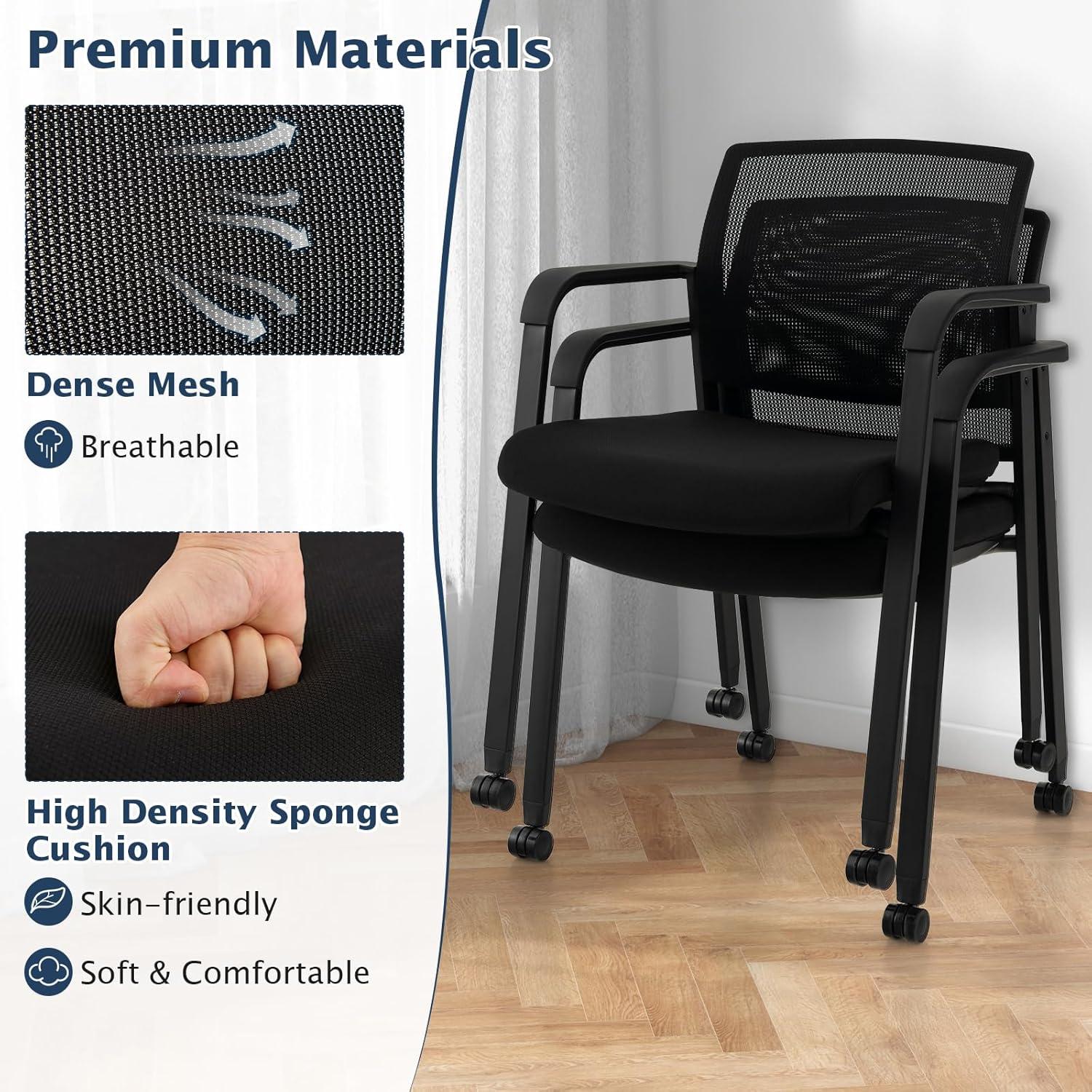 image:imageGiantex 2Pack Waiting Room Chair Set Rolling Office Desk Chairs with PU Wheels Armrests Stackable Guest Chair for Office School LobbyReception Conference BlackBlack