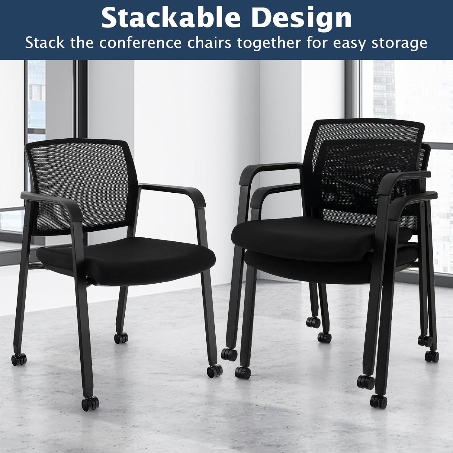 image:imageGiantex 2Pack Waiting Room Chair Set Rolling Office Desk Chairs with PU Wheels Armrests Stackable Guest Chair for Office School LobbyReception Conference BlackBlack