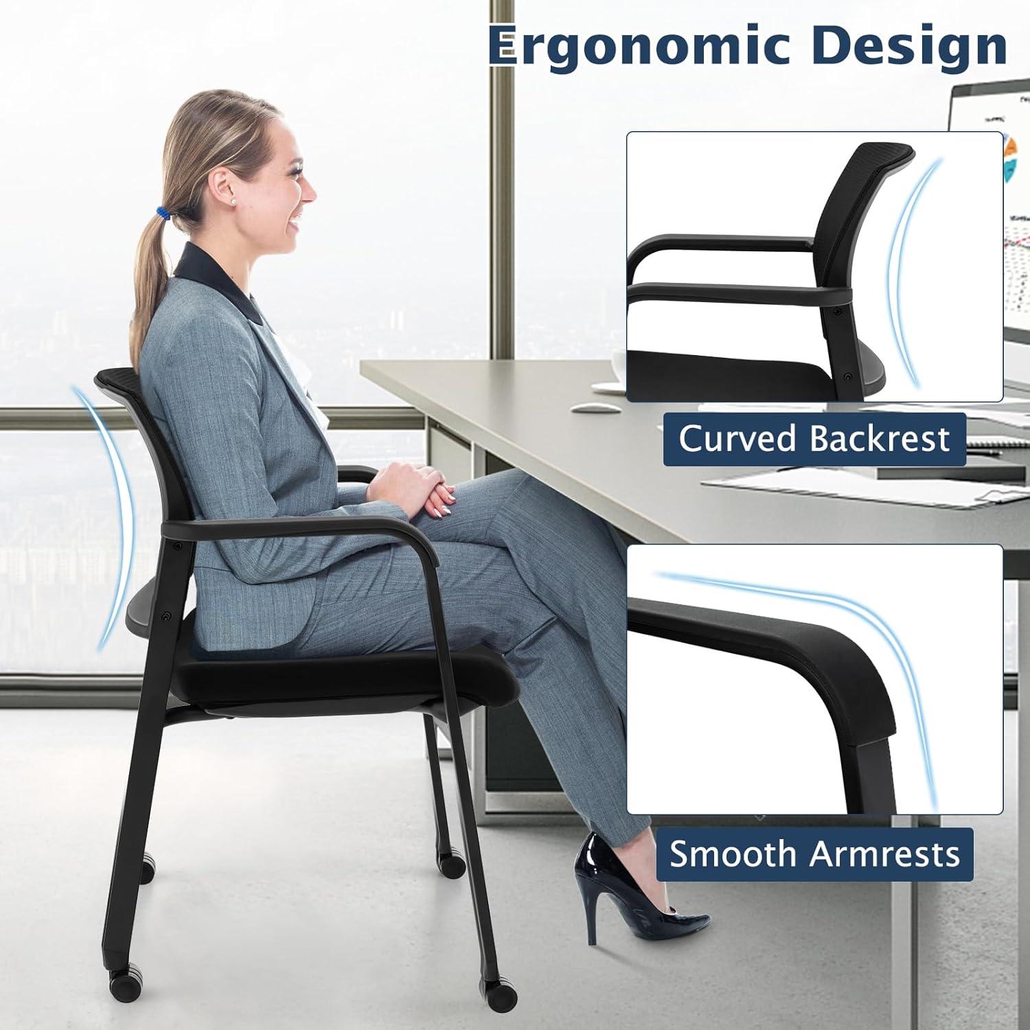 image:imageGiantex 2Pack Waiting Room Chair Set Rolling Office Desk Chairs with PU Wheels Armrests Stackable Guest Chair for Office School LobbyReception Conference BlackBlack