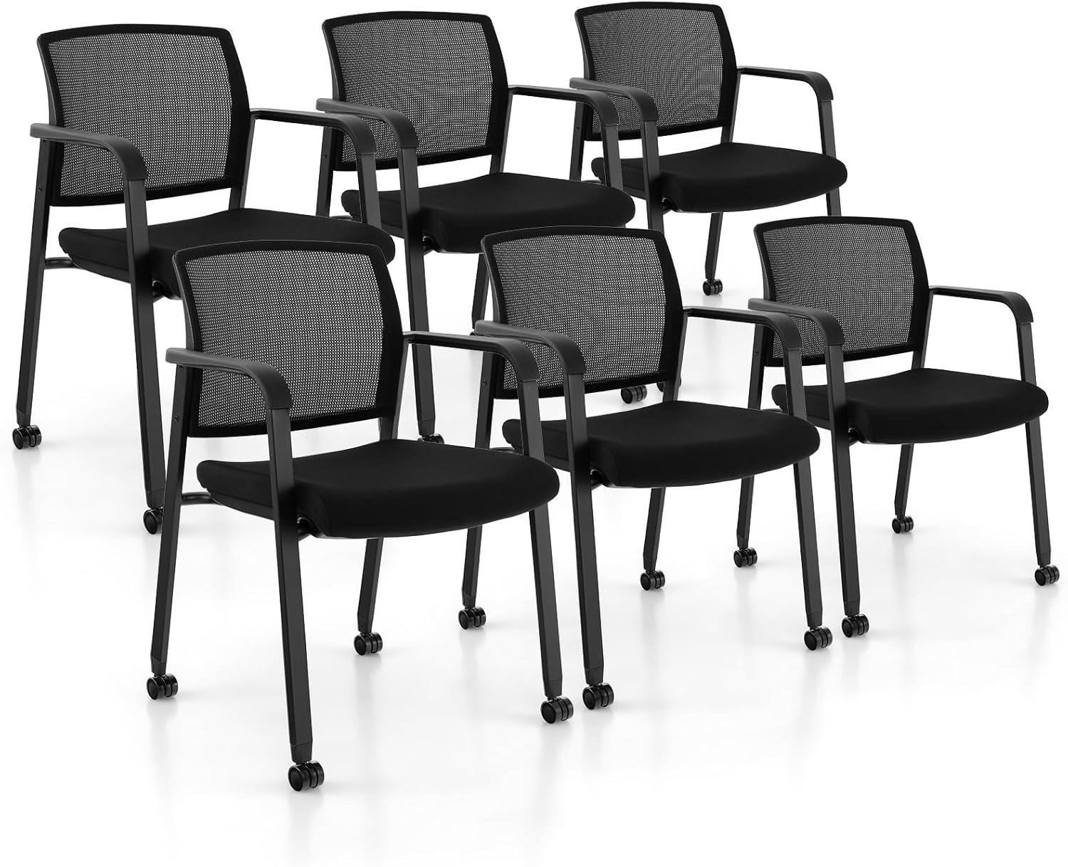 image:imageGiantex 2Pack Waiting Room Chair Set Rolling Office Desk Chairs with PU Wheels Armrests Stackable Guest Chair for Office School LobbyReception Conference BlackBlack