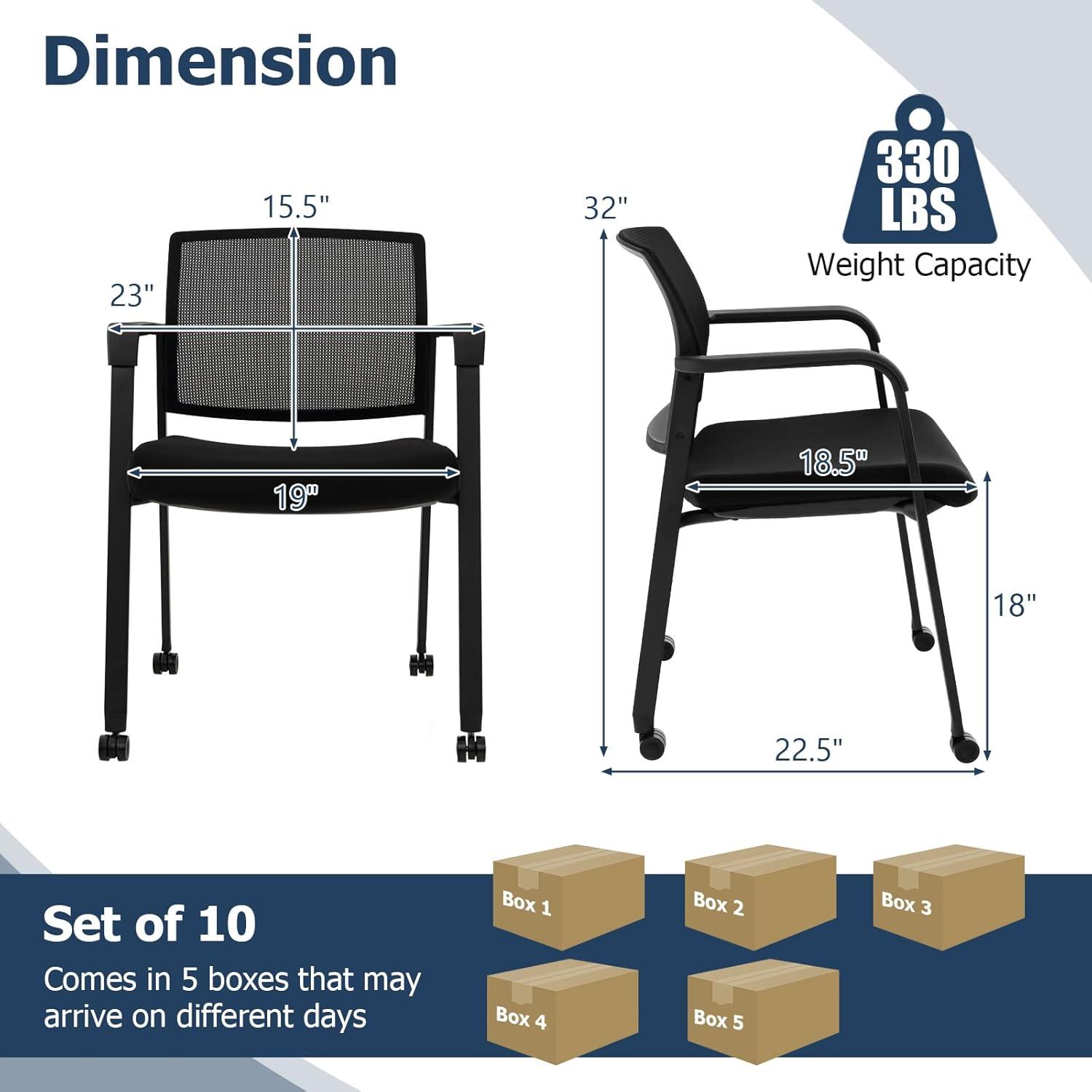 image:imageGiantex 2Pack Waiting Room Chair Set Rolling Office Desk Chairs with PU Wheels Armrests Stackable Guest Chair for Office School LobbyReception Conference BlackBlack