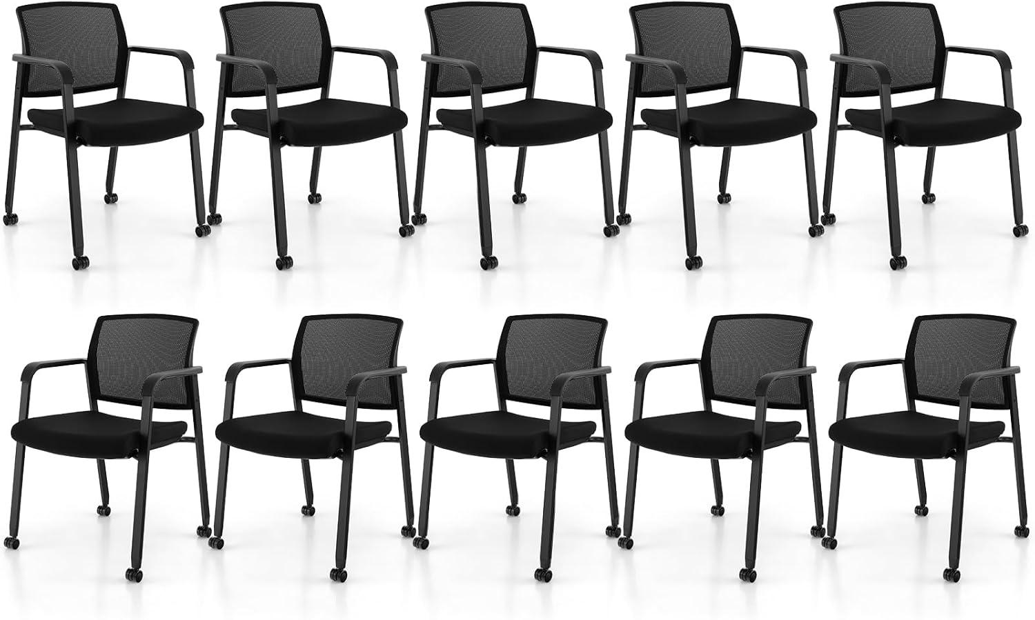image:imageGiantex 2Pack Waiting Room Chair Set Rolling Office Desk Chairs with PU Wheels Armrests Stackable Guest Chair for Office School LobbyReception Conference BlackBlack