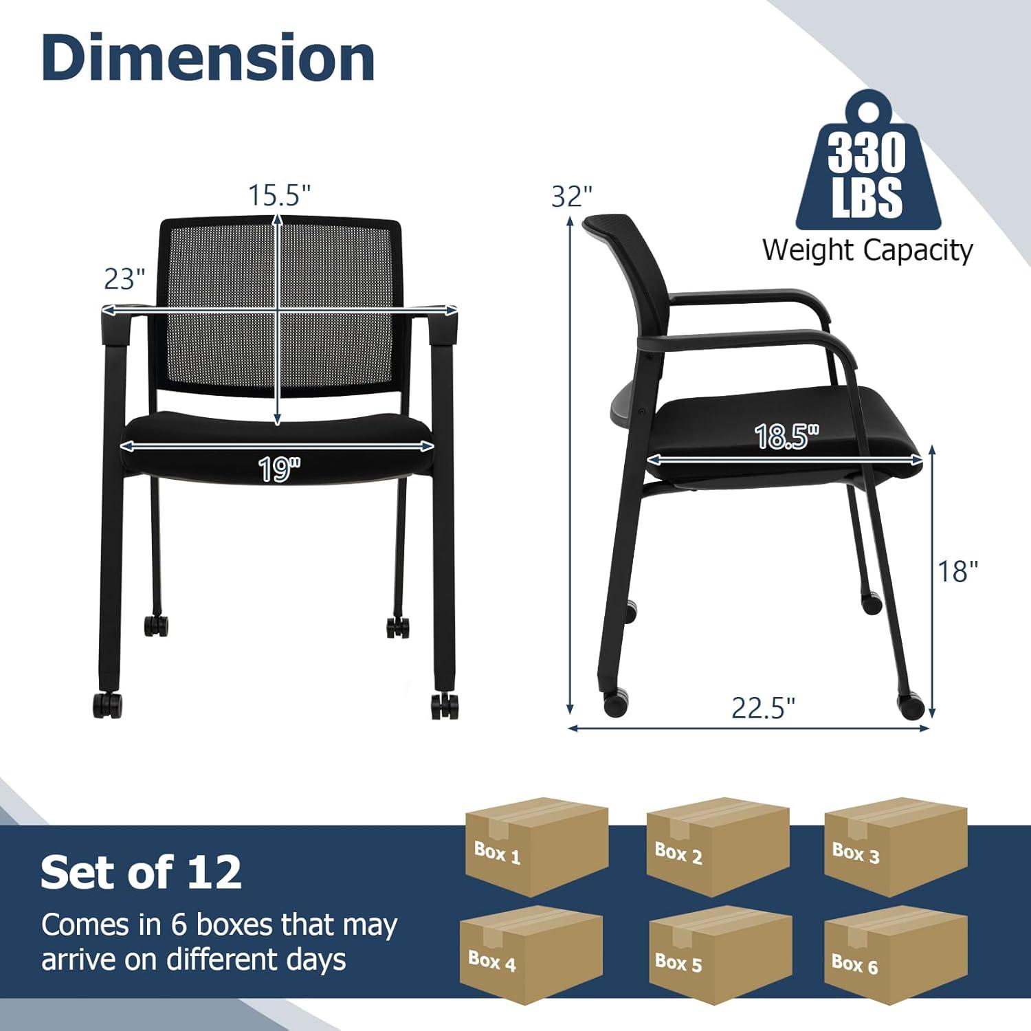 image:imageGiantex 2Pack Waiting Room Chair Set Rolling Office Desk Chairs with PU Wheels Armrests Stackable Guest Chair for Office School LobbyReception Conference BlackBlack