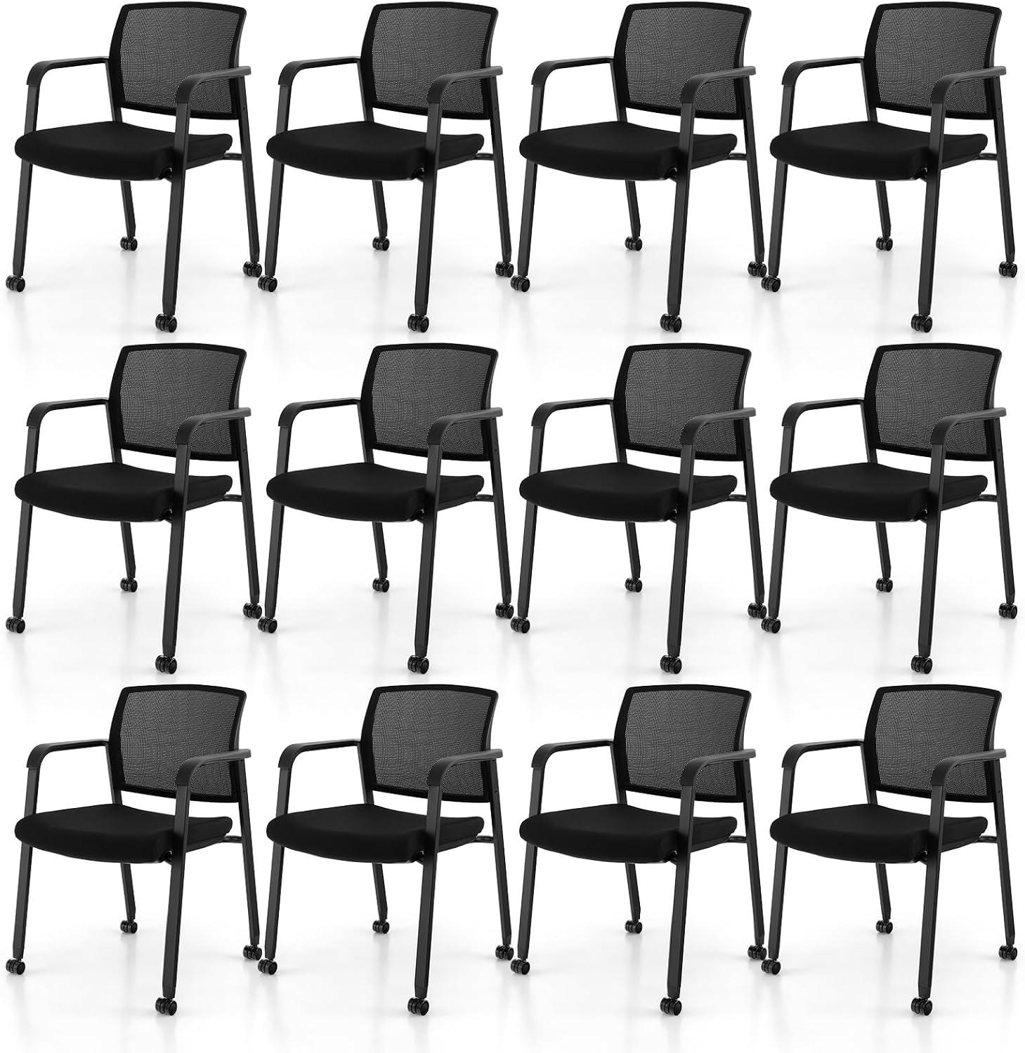 image:imageGiantex 2Pack Waiting Room Chair Set Rolling Office Desk Chairs with PU Wheels Armrests Stackable Guest Chair for Office School LobbyReception Conference BlackBlack