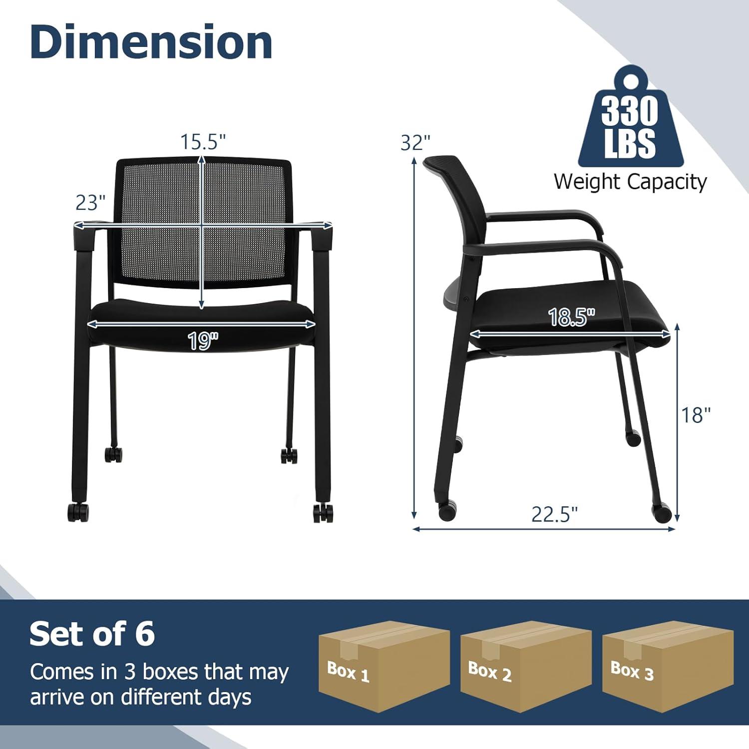 image:imageGiantex 2Pack Waiting Room Chair Set Rolling Office Desk Chairs with PU Wheels Armrests Stackable Guest Chair for Office School LobbyReception Conference BlackBlack