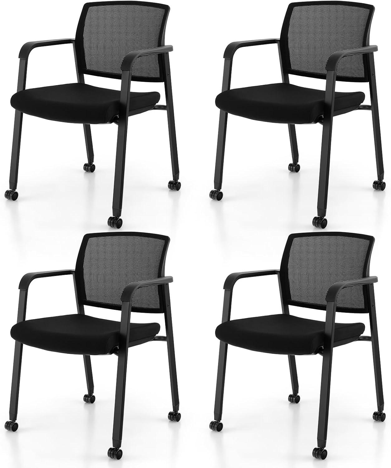 image:imageGiantex 2Pack Waiting Room Chair Set Rolling Office Desk Chairs with PU Wheels Armrests Stackable Guest Chair for Office School LobbyReception Conference BlackBlack