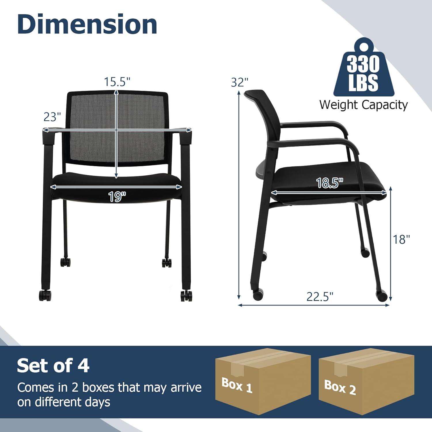 image:imageGiantex 2Pack Waiting Room Chair Set Rolling Office Desk Chairs with PU Wheels Armrests Stackable Guest Chair for Office School LobbyReception Conference BlackBlack