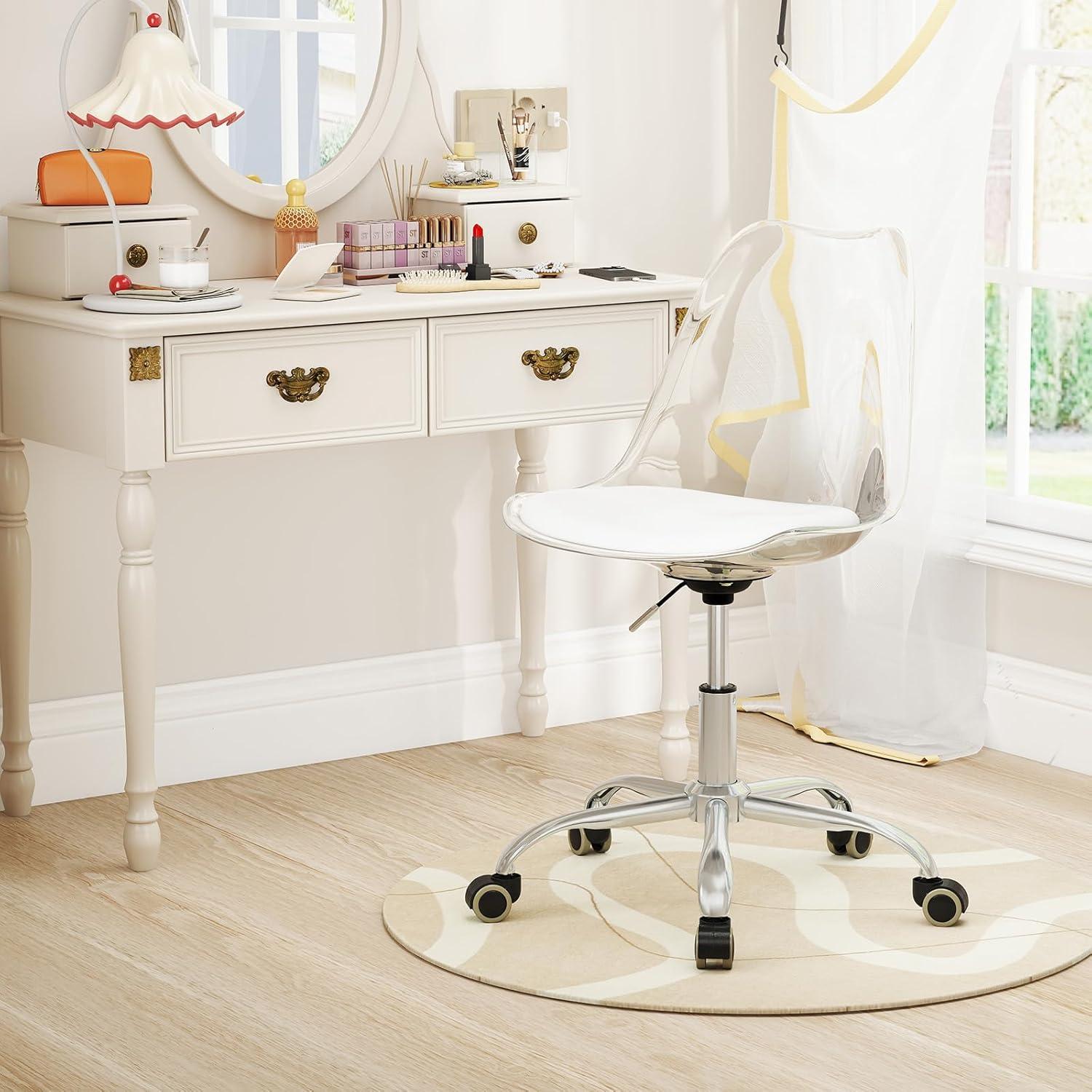 image:imageGiantex Acrylic Clear Desk Chair with PU Leather Cushion Modern Small Home Office Chair with Wheels Armless Swivel Rolling Vanity Chair for Office Make up Small Spaces Bedroom2